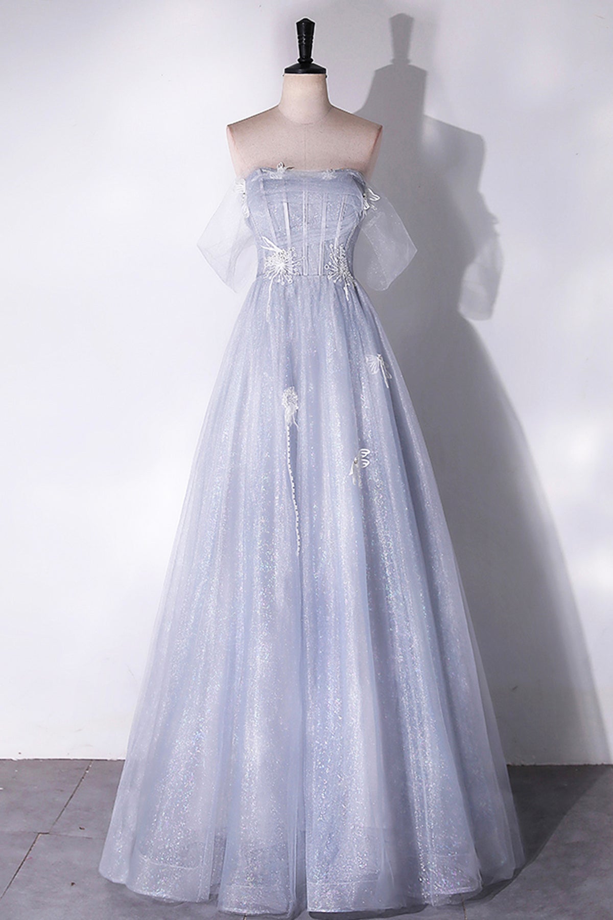 Grey Sparkly Tulle Princess Prom Dress Off Shoulder Lace Flowers Women's Party Dress
