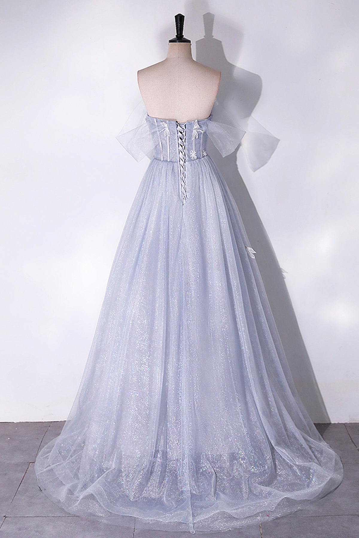 Grey Sparkly Tulle Princess Prom Dress Off Shoulder Lace Flowers Women's Party Dress