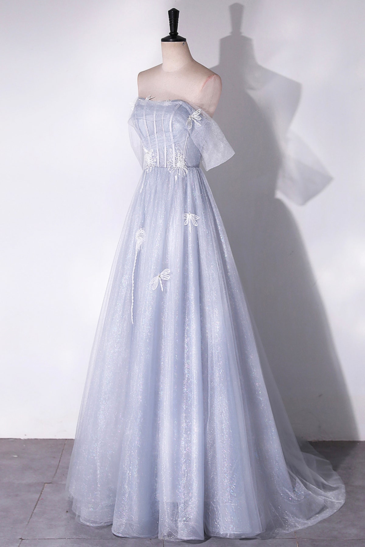 Grey Sparkly Tulle Princess Prom Dress Off Shoulder Lace Flowers Women's Party Dress