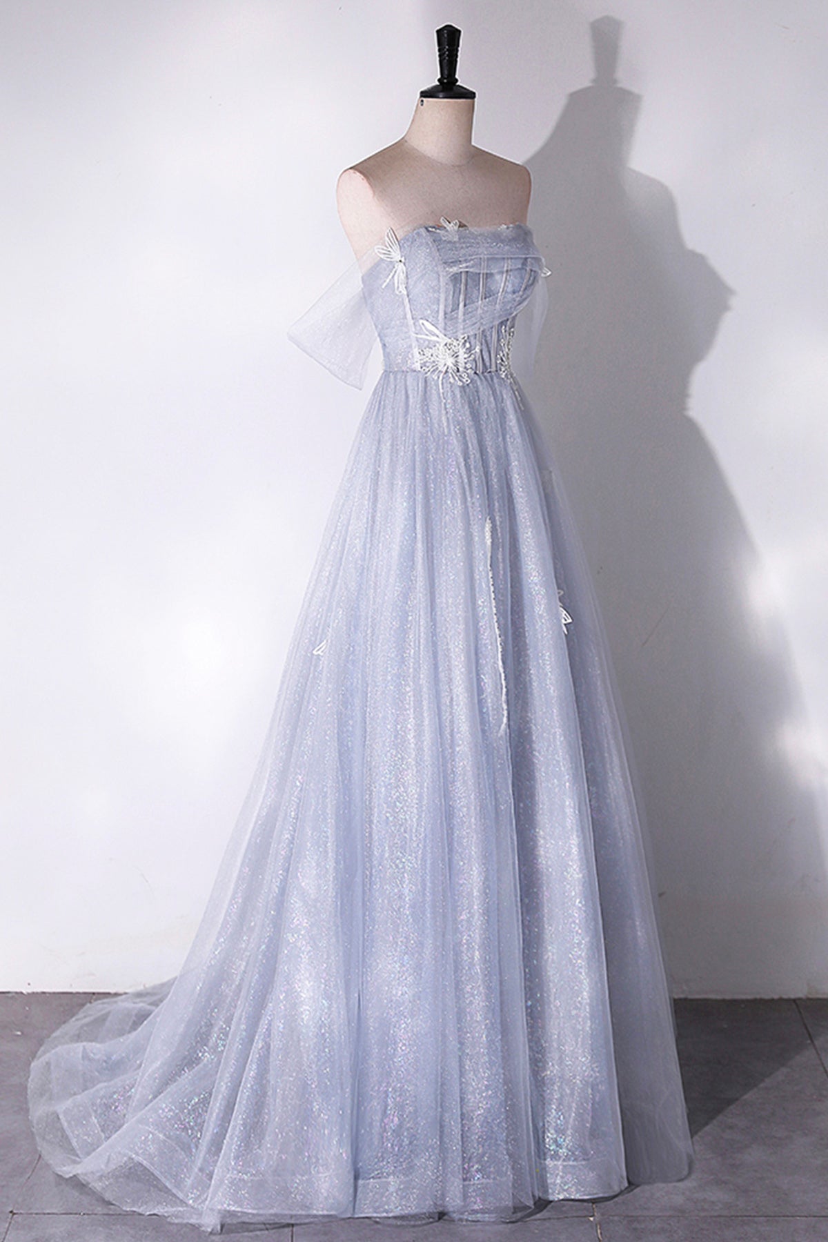 Grey Sparkly Tulle Princess Prom Dress Off Shoulder Lace Flowers Women's Party Dress