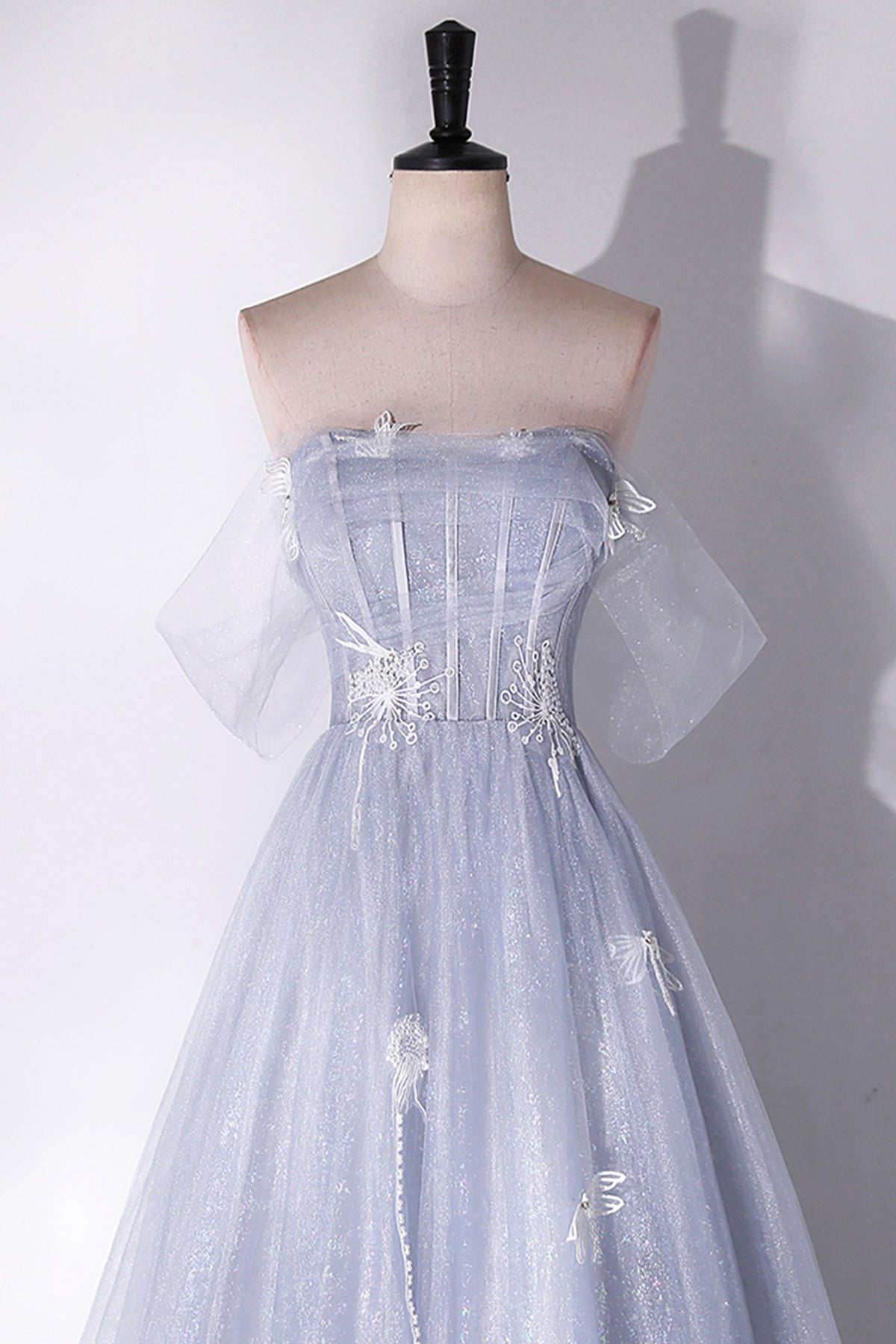 Grey Sparkly Tulle Princess Prom Dress Off Shoulder Lace Flowers Women's Party Dress