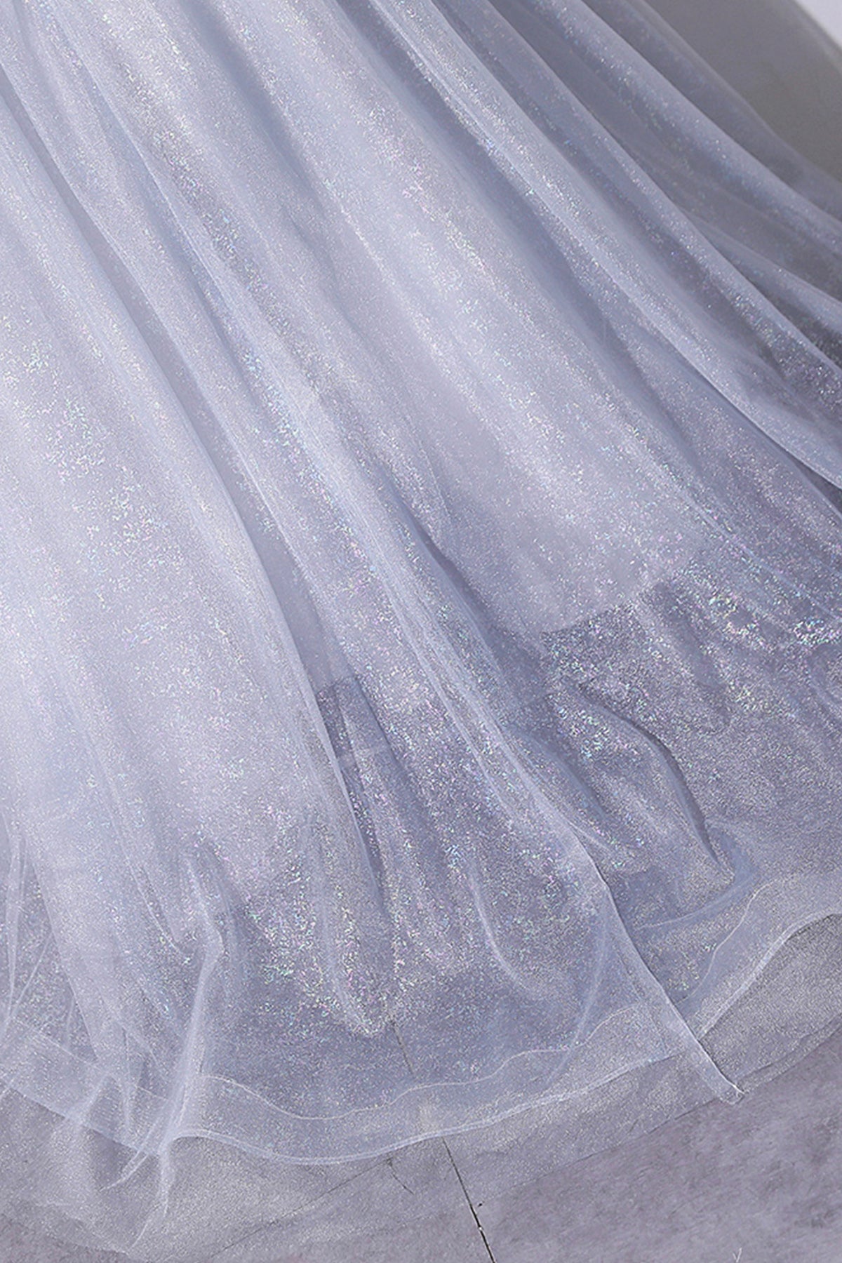Grey Sparkly Tulle Princess Prom Dress Off Shoulder Lace Flowers Women's Party Dress