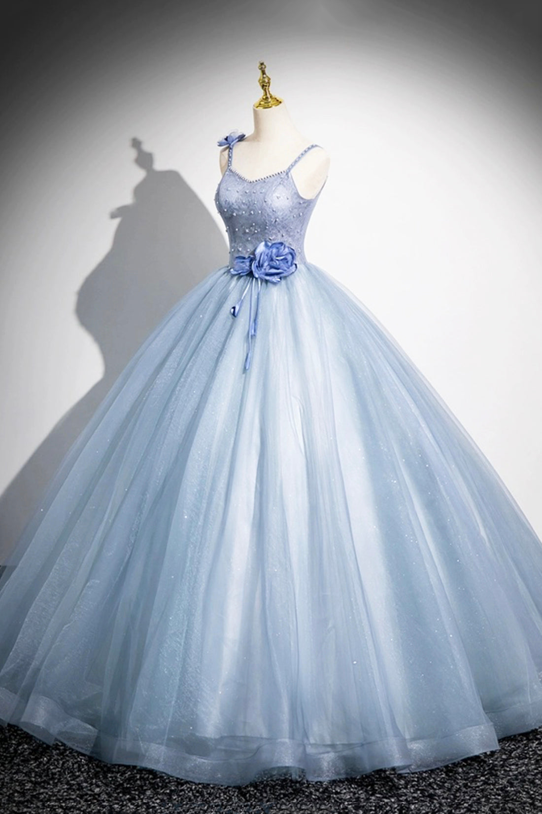 Beautiful Blue Pearl Satin Prom Dress A-Line Princess Spaghetti Straps Formal Gowns