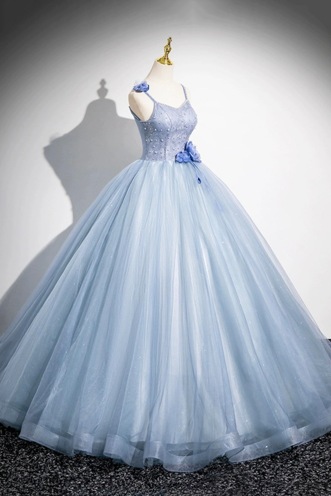 Beautiful Blue Pearl Satin Prom Dress A-Line Princess Spaghetti Straps Formal Gowns