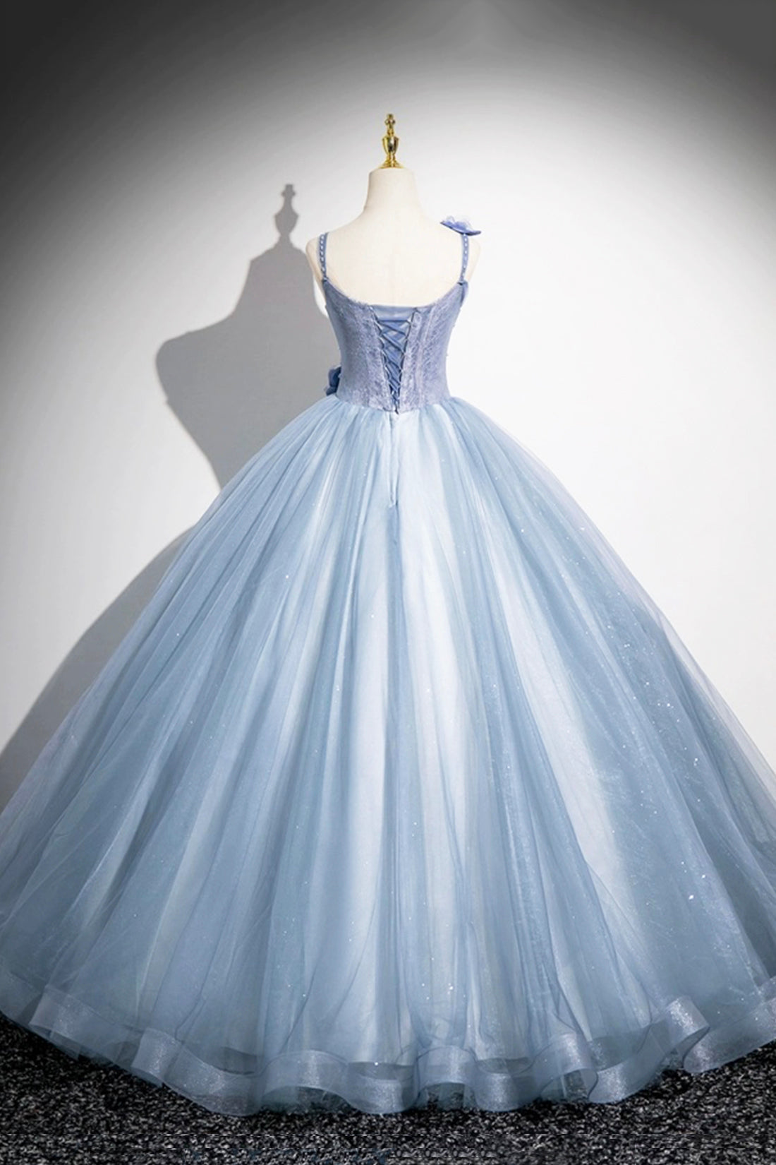 Beautiful Blue Pearl Satin Prom Dress A-Line Princess Spaghetti Straps Formal Gowns