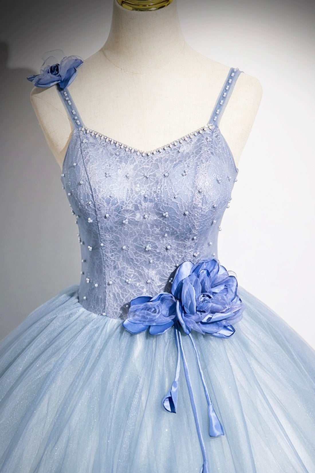 Beautiful Blue Pearl Satin Prom Dress A-Line Princess Spaghetti Straps Formal Gowns