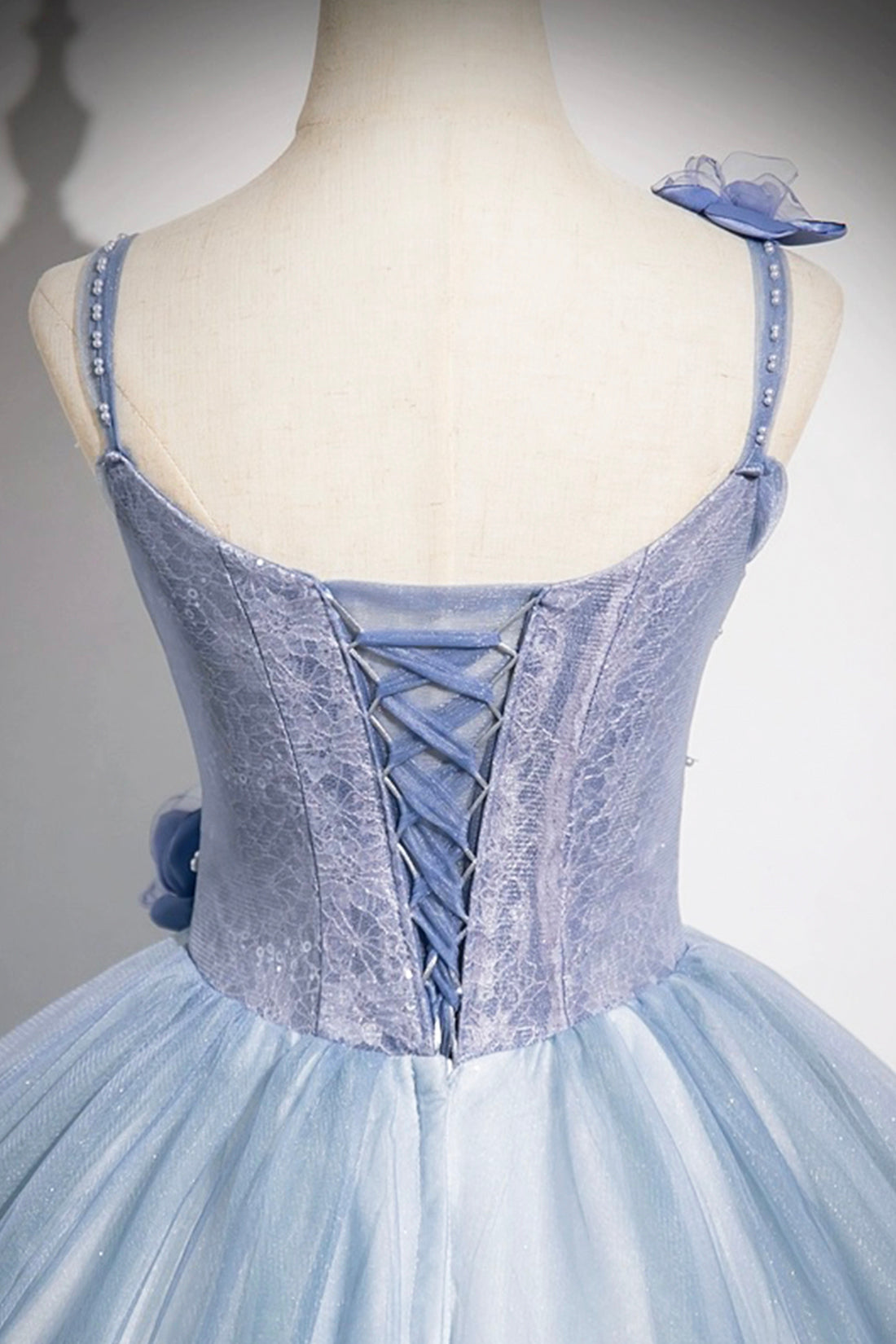 Beautiful Blue Pearl Satin Prom Dress A-Line Princess Spaghetti Straps Formal Gowns