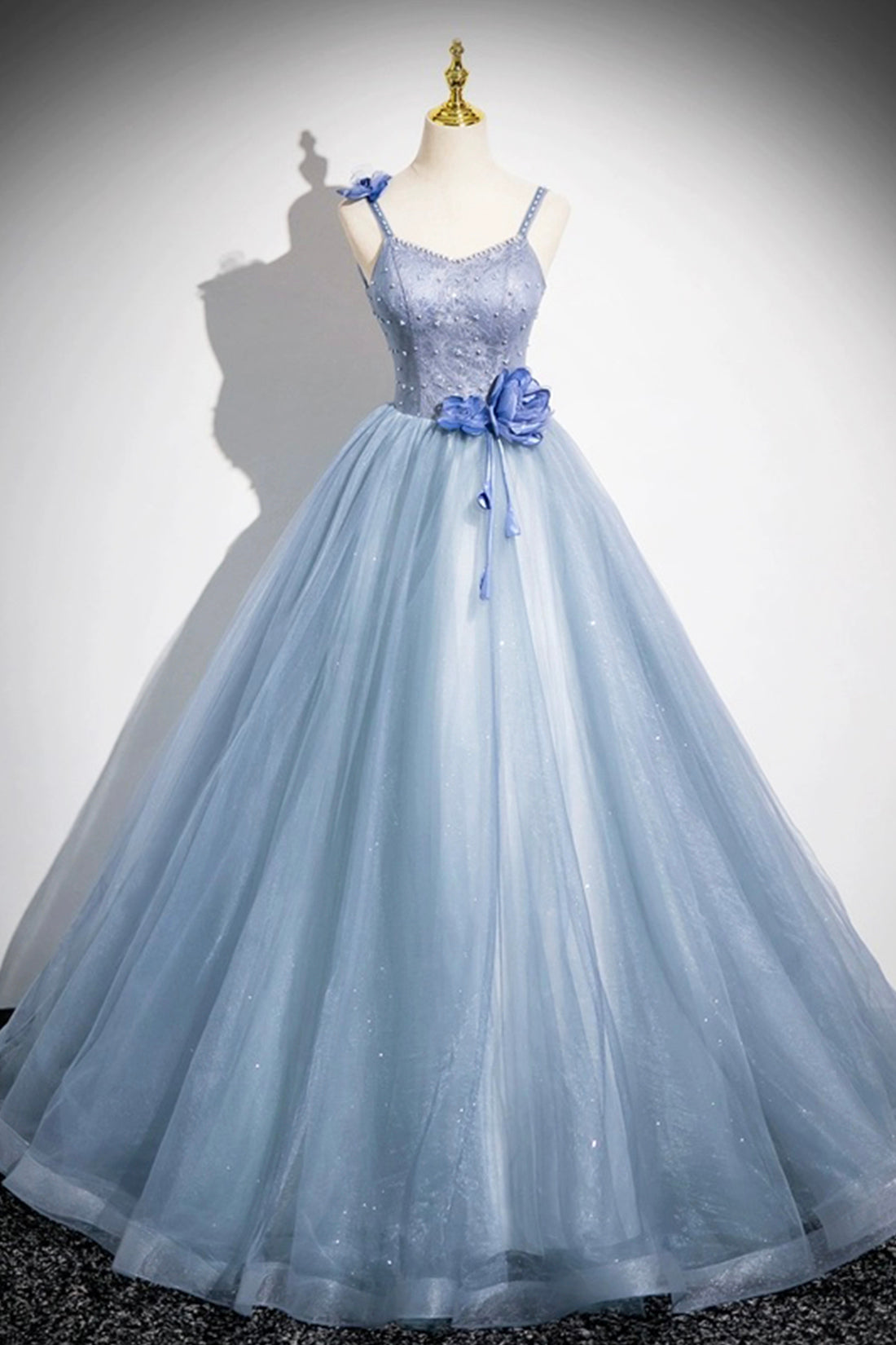 Beautiful Blue Pearl Satin Prom Dress A-Line Princess Spaghetti Straps Formal Gowns