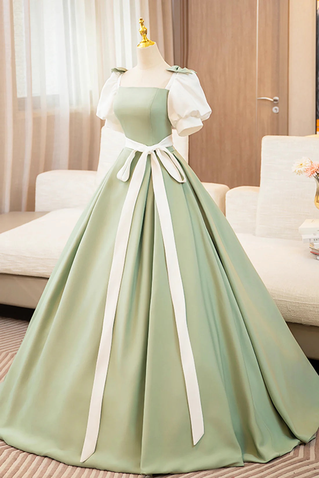Sweet Princess Dresses Green A-Line Ball Gown Dress with Bow Puffy Sleeve Elegant Long Simple Evening Dress