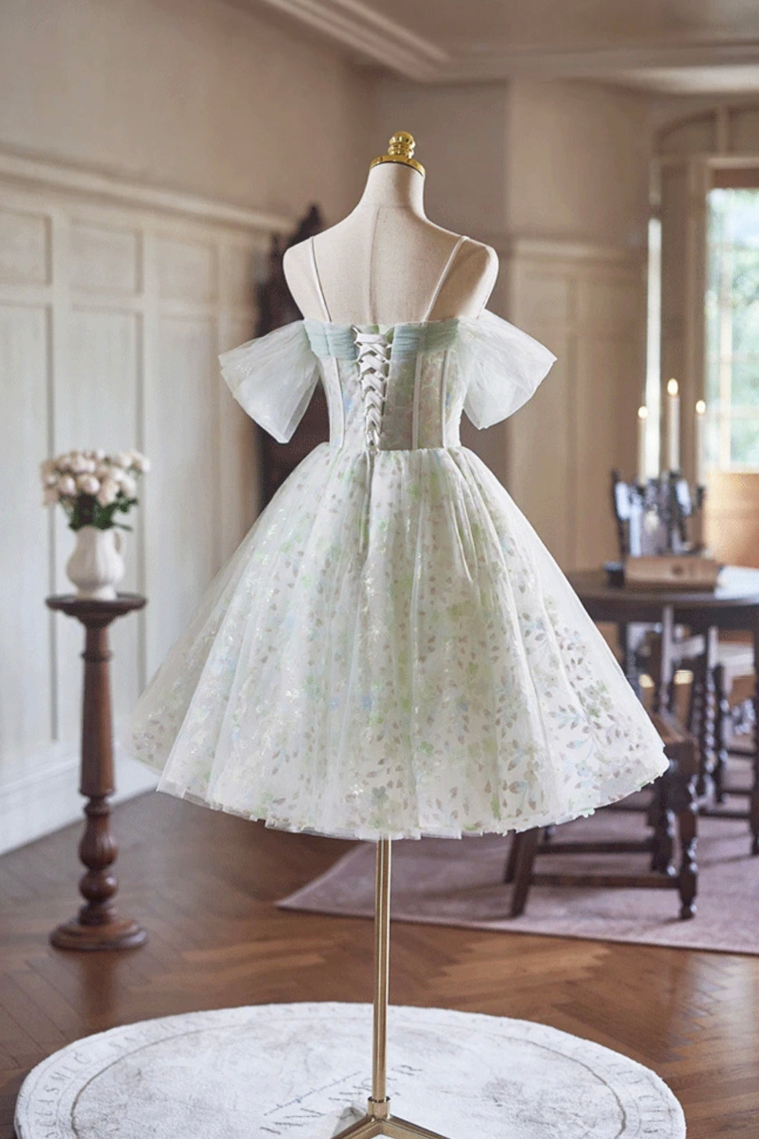 Pretty Ivory Tulle Floral Spaghetti Strap Short Party Dress Homecoming Dress Fashion Dress