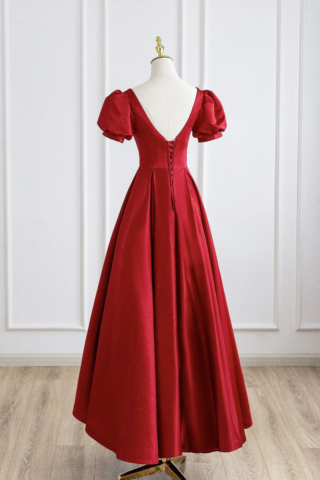 Red Party Dress Red Satin Floor Length Short Sleeve Evening Formal Dress