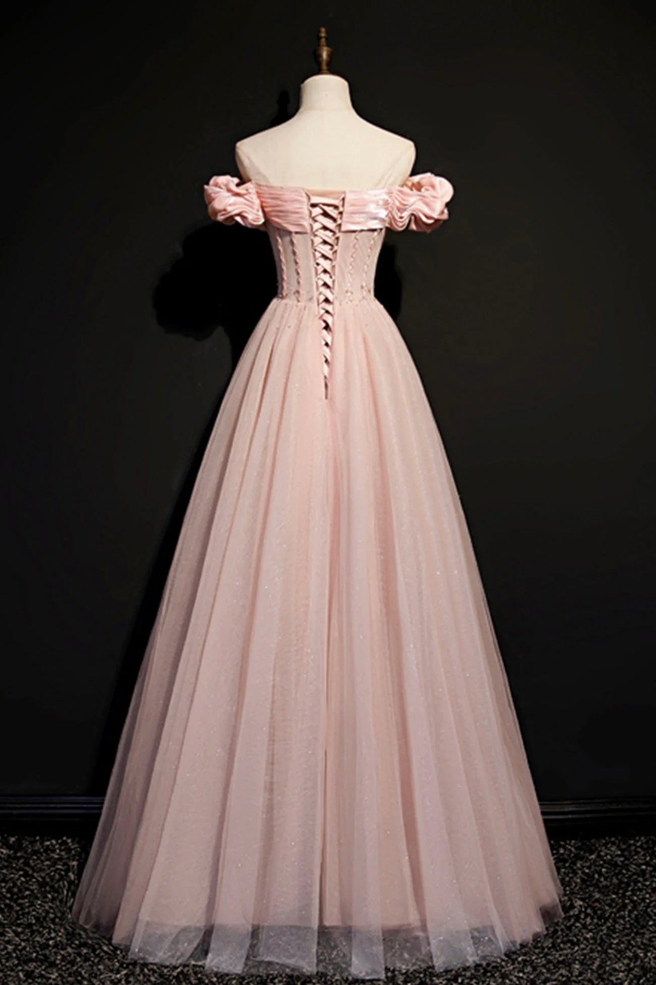 Off the Shoulder Pink Fairy Floor Length A-line Tulle Prom Party Dress