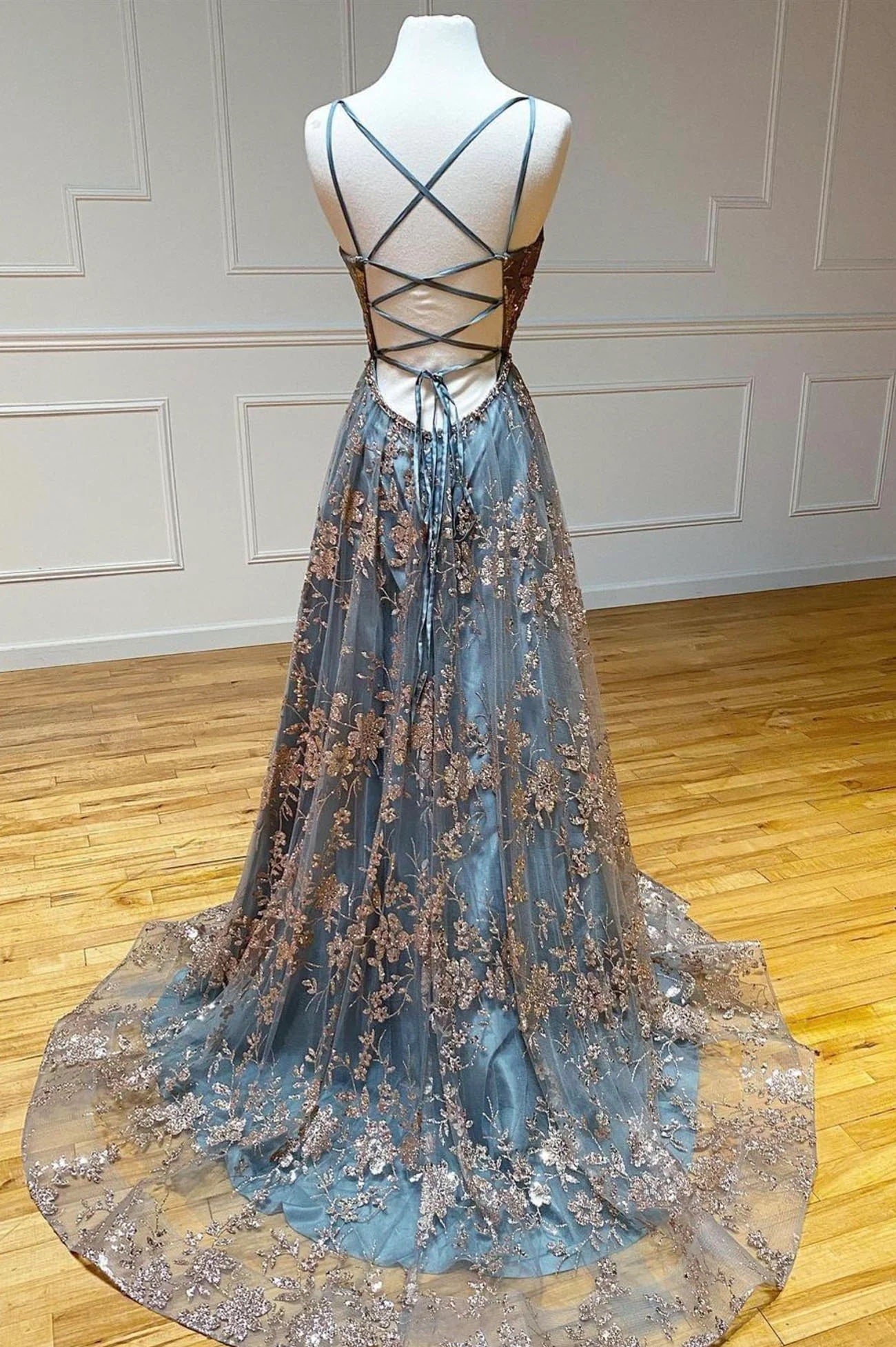 Romantic Spaghetti Strap Floor-length Sequins A Line Prom Dress Women's Party Dress