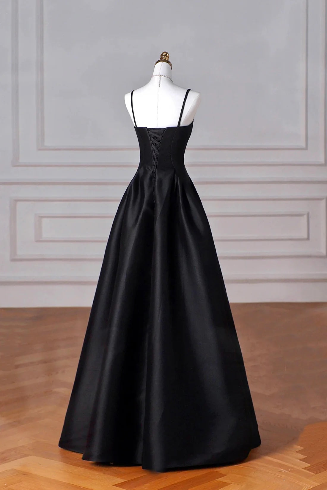 Black Satin Spaghetti Strap A-Line Evening Formal Dress Black Women's Party Dress