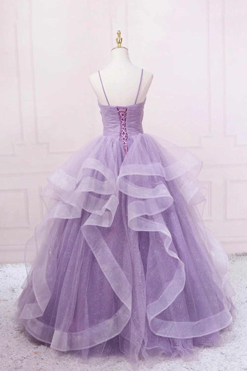 Lilac V-Neck Layered Glitter Tulle Prom Dress Spaghetti Strap Floor Length V-Neck Evening Party Dress