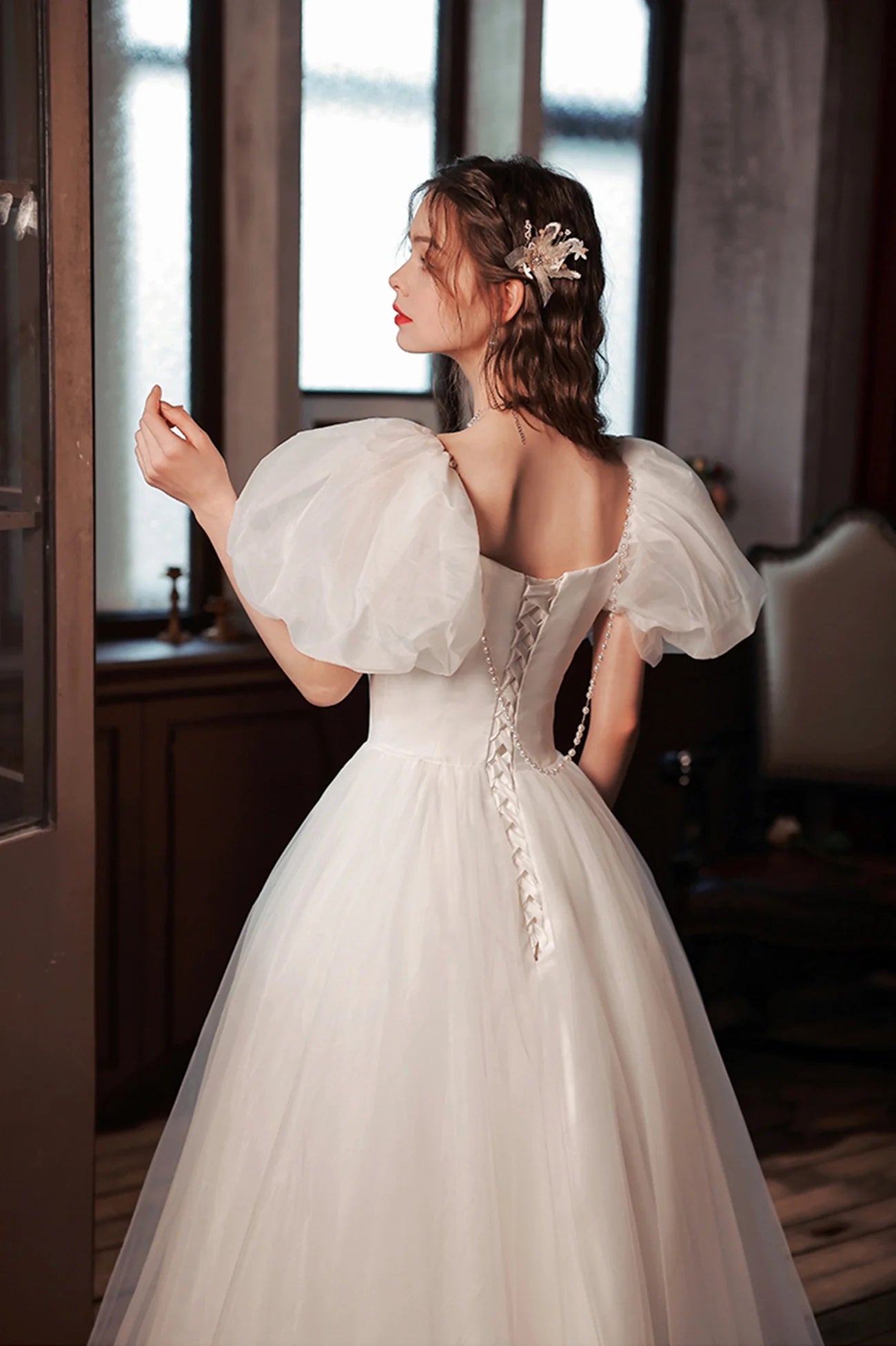 White A-Line Princess Bow Puffy Short Sleeve Backless Floor-Length Prom Formal Dress