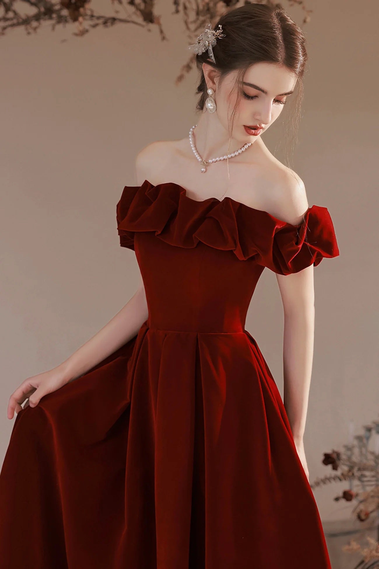 Elegant Temperament Shoulder Strapless Party Dress Ruffle A-Line Long Women Formal Evening Dress