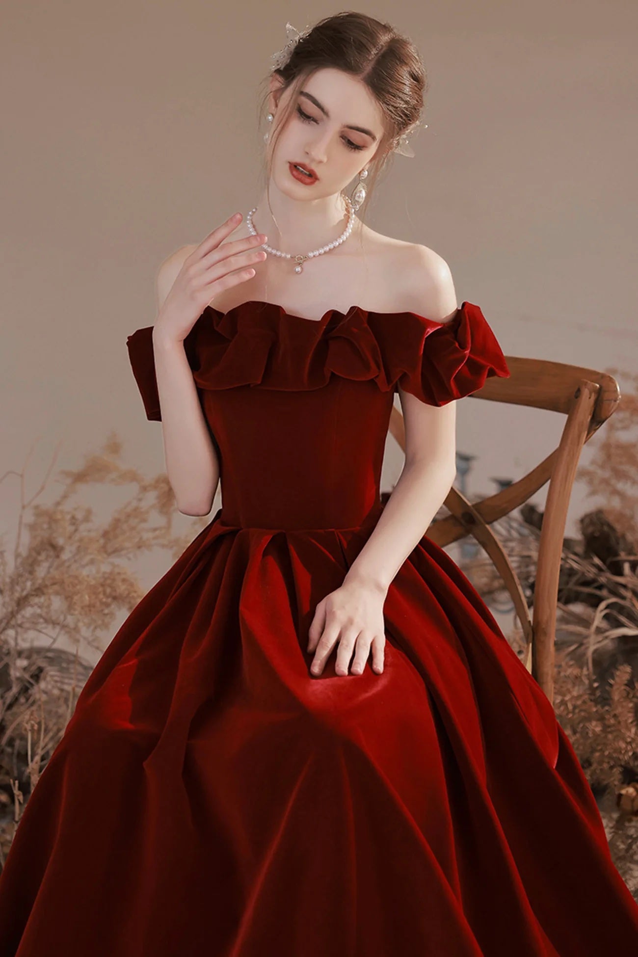 Elegant Temperament Shoulder Strapless Party Dress Ruffle A-Line Long Women Formal Evening Dress