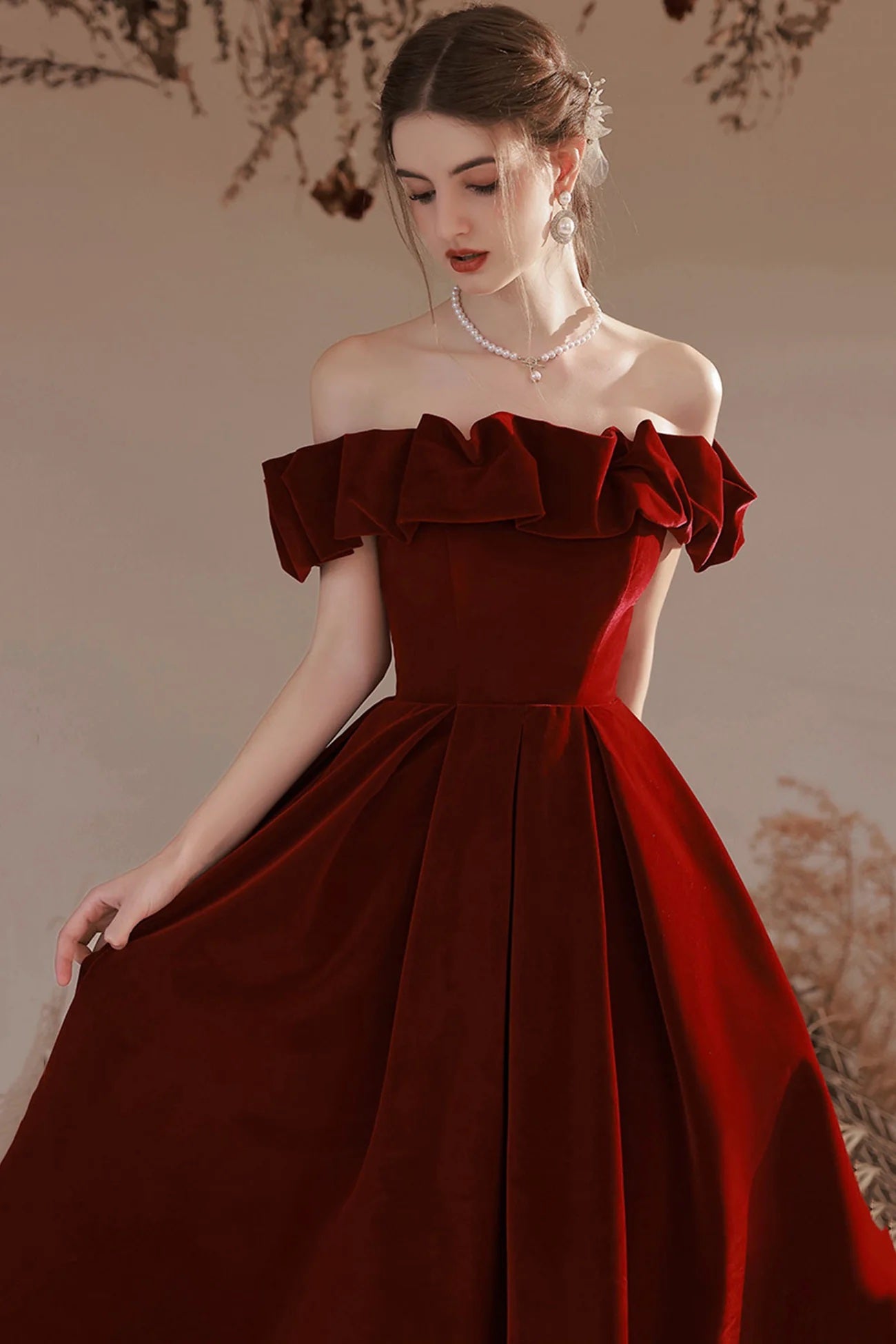 Elegant Temperament Shoulder Strapless Party Dress Ruffle A-Line Long Women Formal Evening Dress