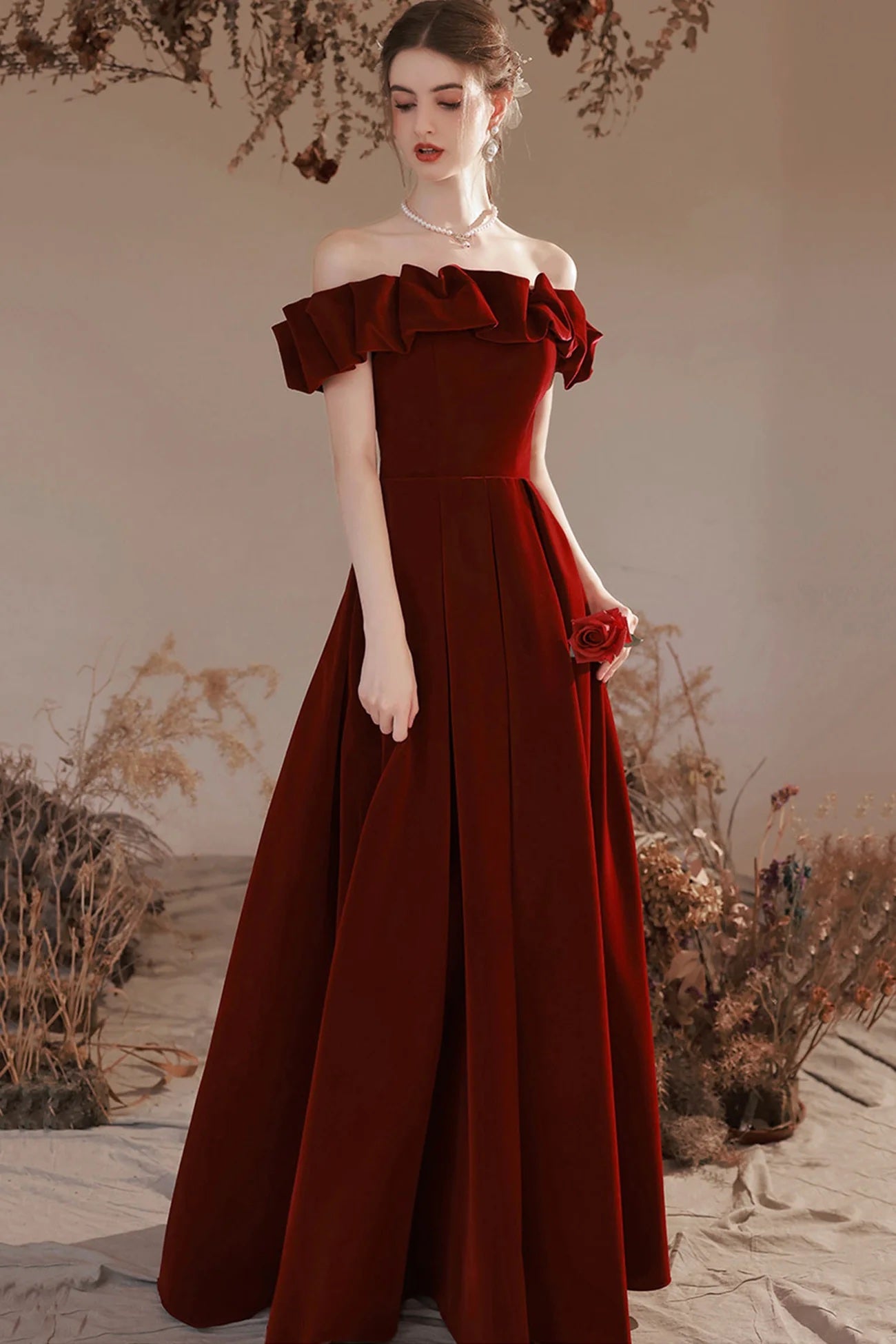Elegant Temperament Shoulder Strapless Party Dress Ruffle A-Line Long Women Formal Evening Dress