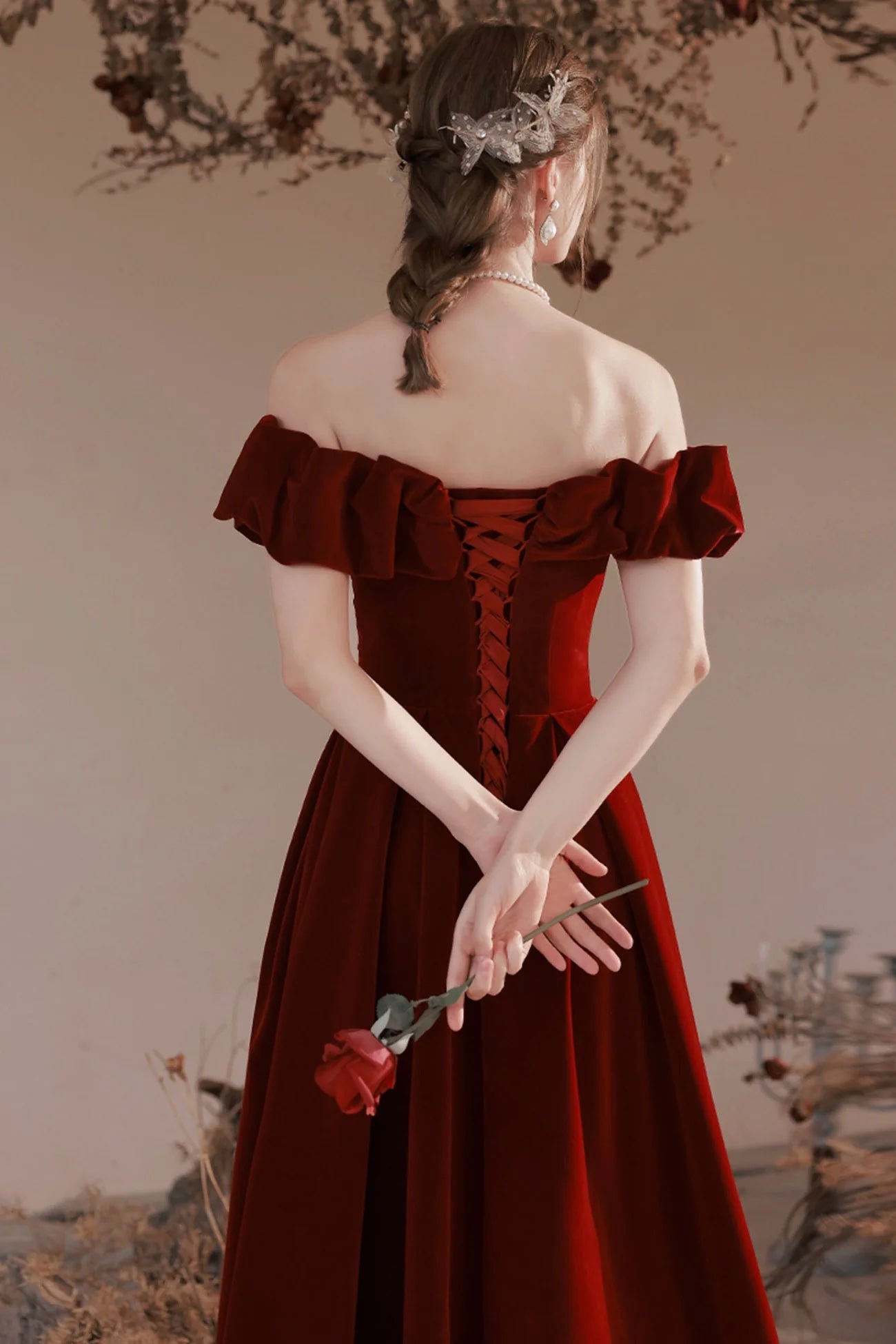 Elegant Temperament Shoulder Strapless Party Dress Ruffle A-Line Long Women Formal Evening Dress