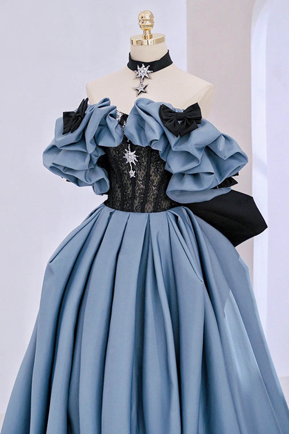 Elegant Off the Shoulder Long Formal Dress Blue Satin Lace Princess Evening Dress with Bow
