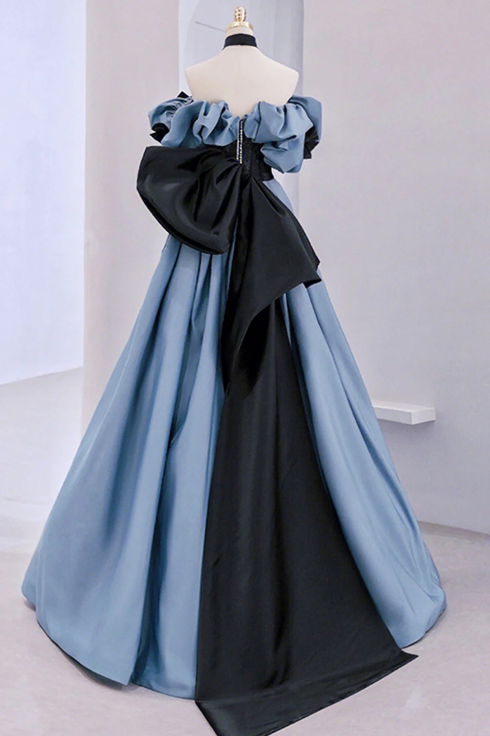Elegant Off the Shoulder Long Formal Dress Blue Satin Lace Princess Evening Dress with Bow
