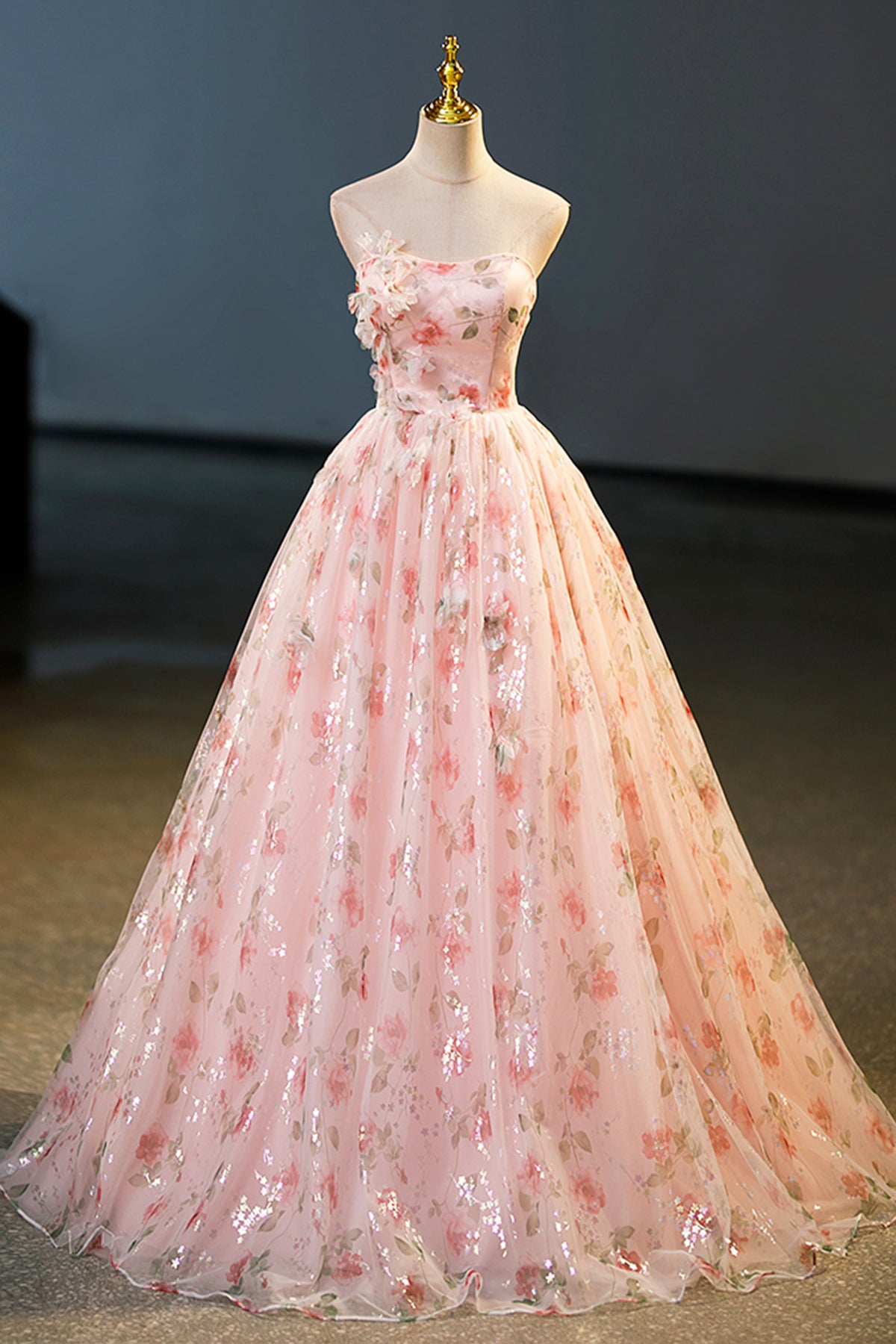 Princess Ball Gown Beautiful Floral Tulle Prom Graduation Dress A-Line Pink Floor Length Party Dress