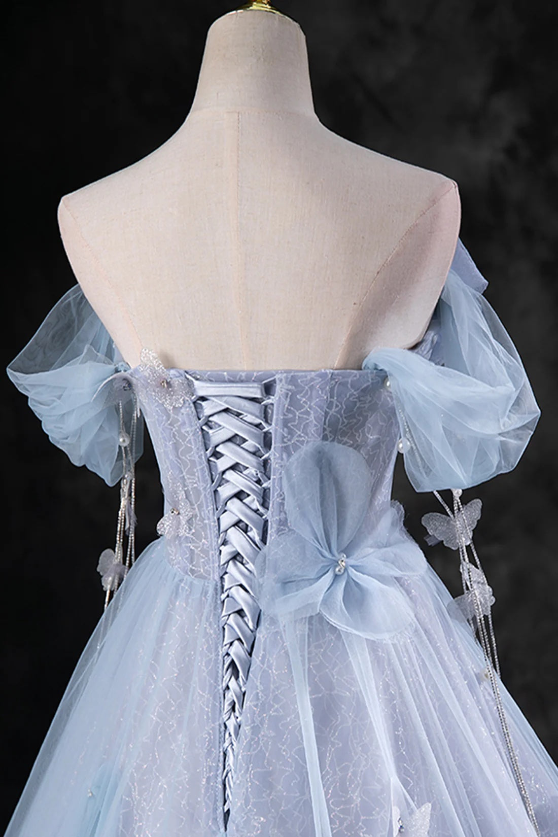 Blue Sparkly Tulle Princess Prom Dress Off Shoulder 3D Flowers Women's Party Dress