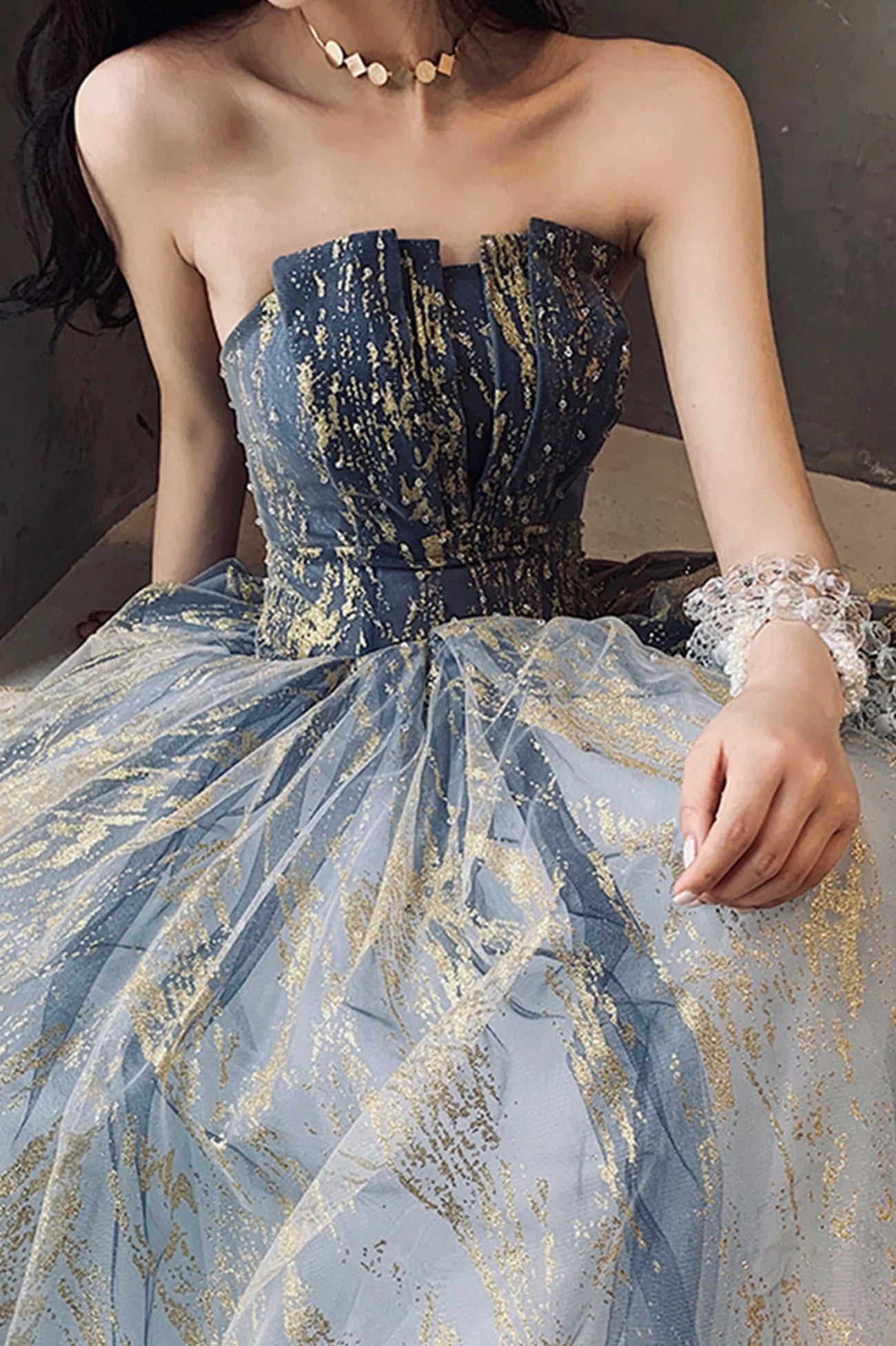 Blue Sparkly Gradient Tulle Princess Prom Dress Strapless A-Line Women's Party Dress