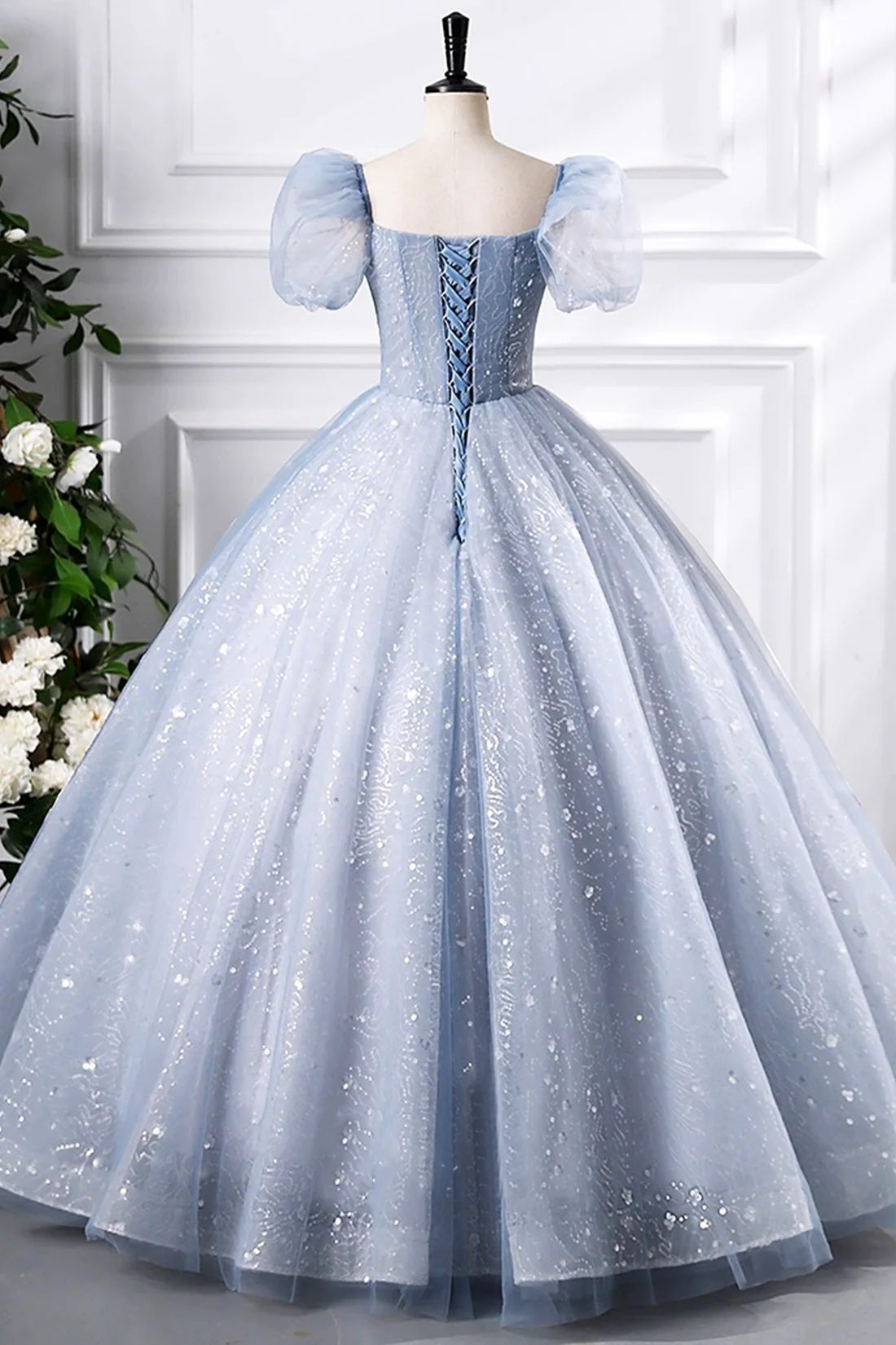 Luxury Blue Princess Formal Evening Dress A-Line Short Sleeve Sweet 16 Birthday Party Gown