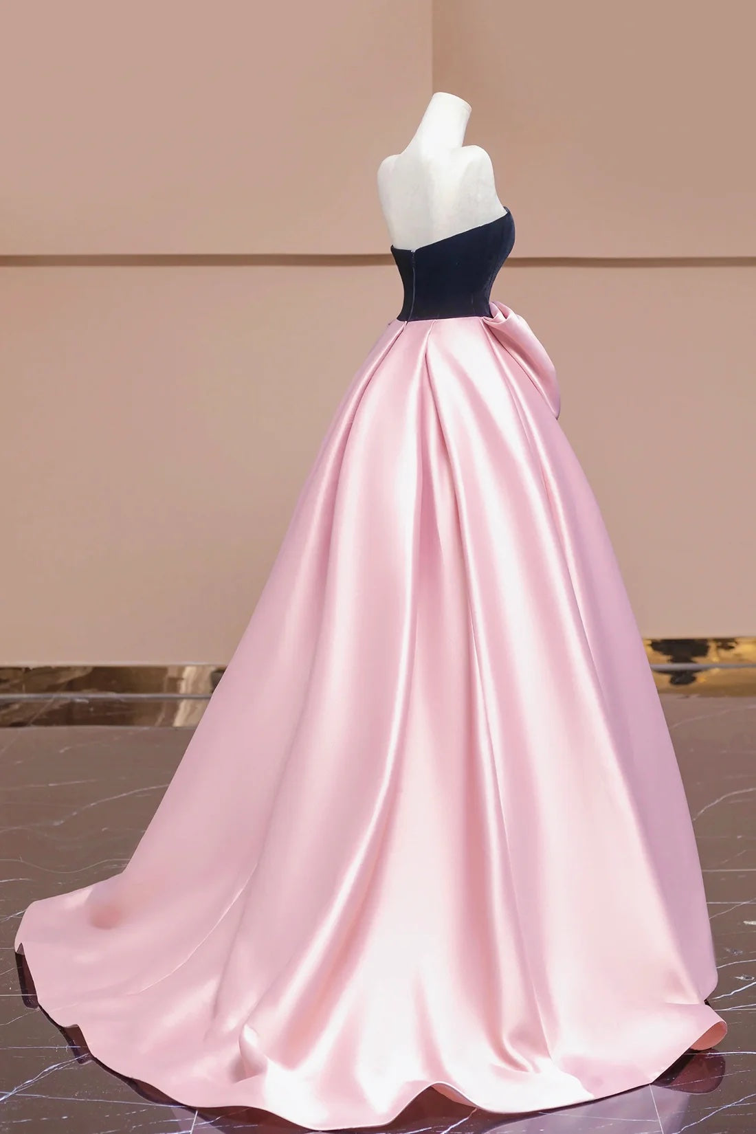 Pink Princess Dress A-Line Strapless Black Velvet and Pink Satin Long Prom Dresses
