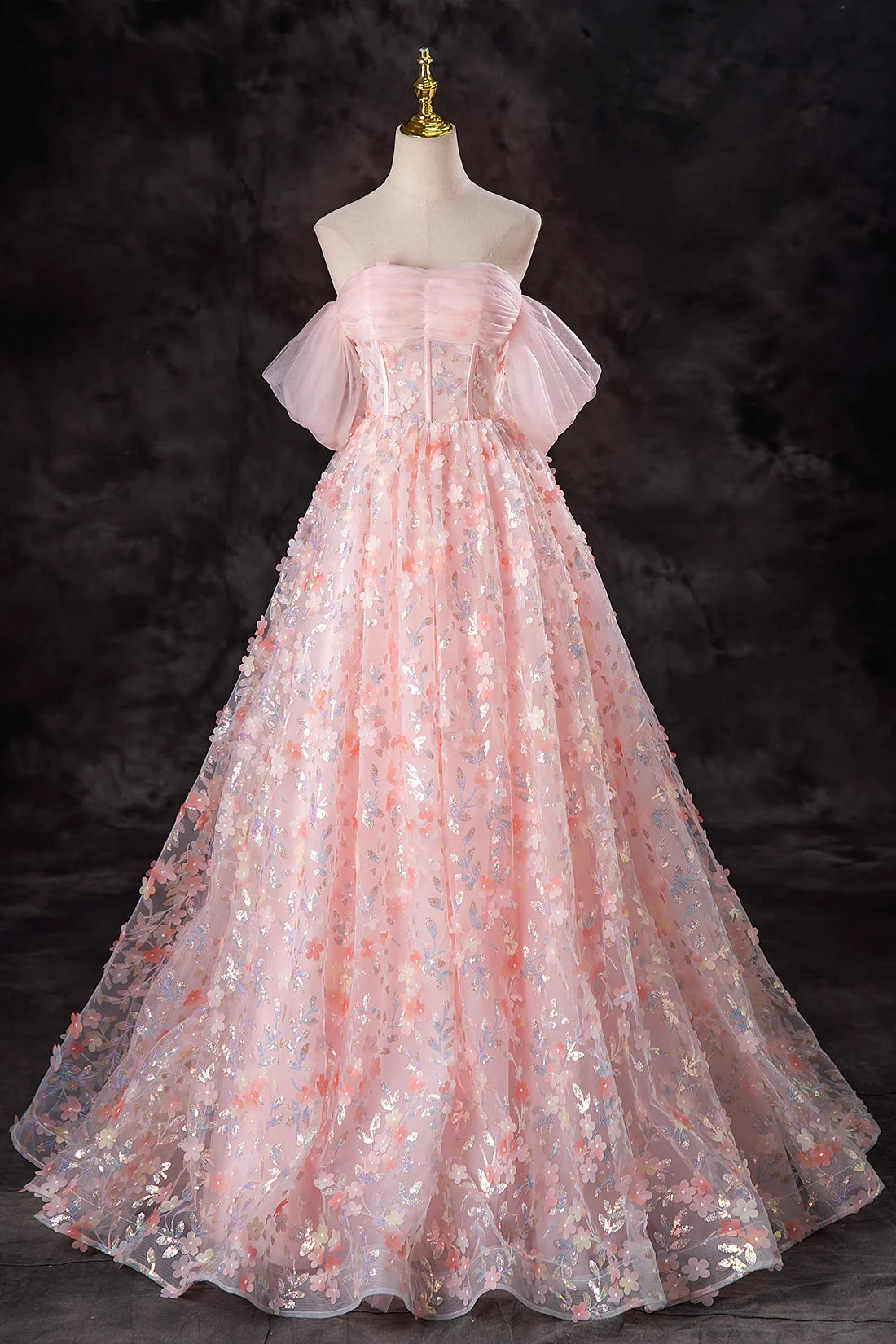 Pink Princess Flower Butterfly Sequins Floor Length Prom Dress Off the Shoulder Fairy Party Dress