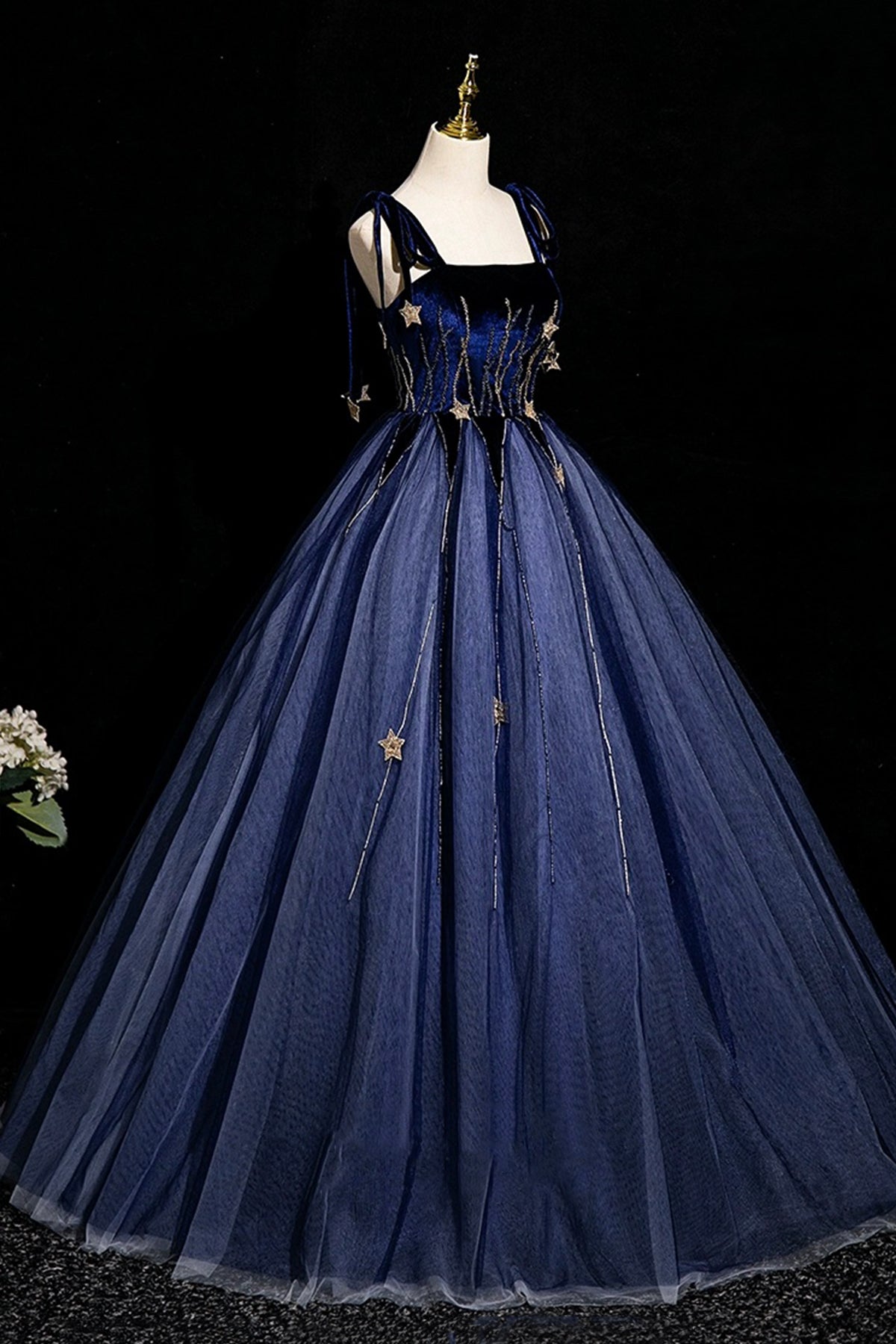 Navy Blue Beading Sequins Star Prom Dress Elegant Spaghetti Straps Floor-Length Formal Dress
