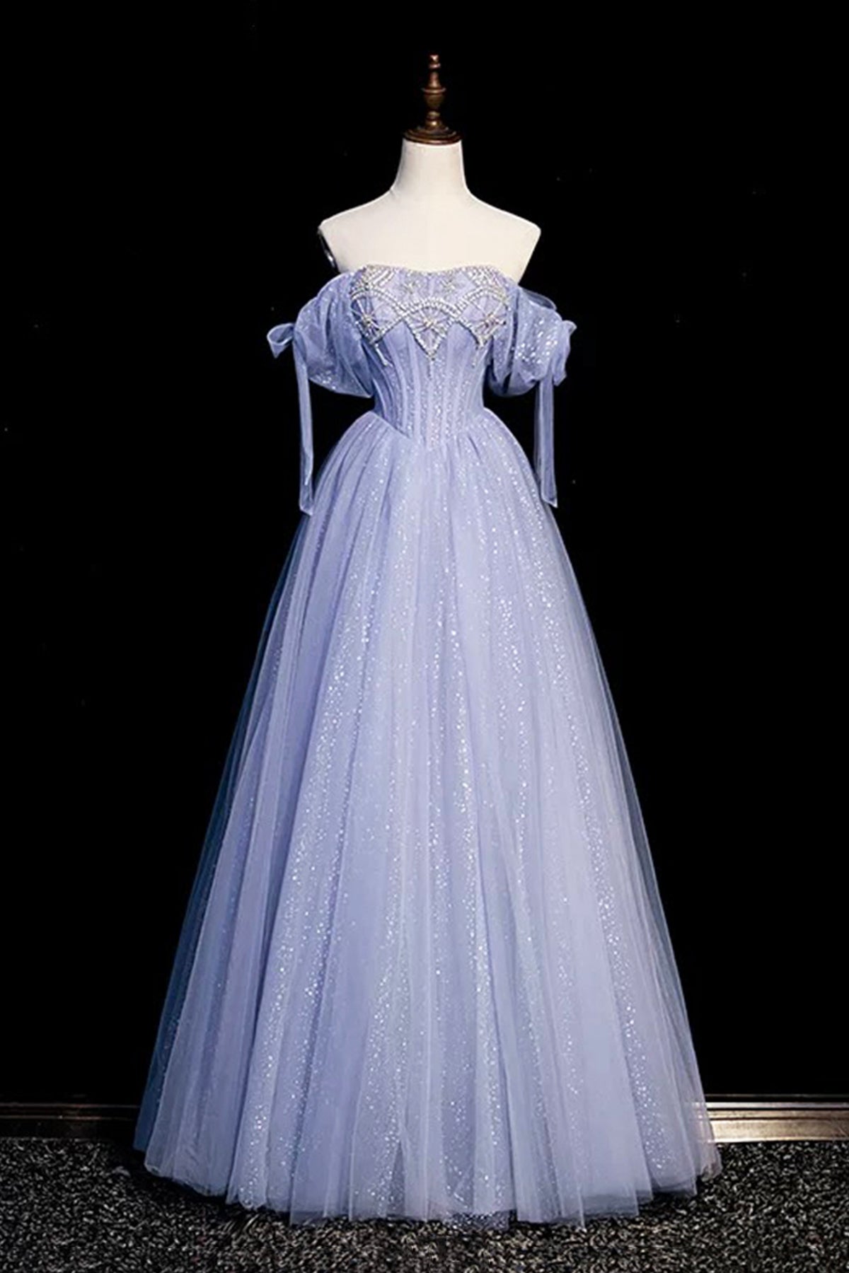 Princess Luxury Crystal Prom Dress Blue Glitter Puff Sleeves A-Line Banquet Party Dress