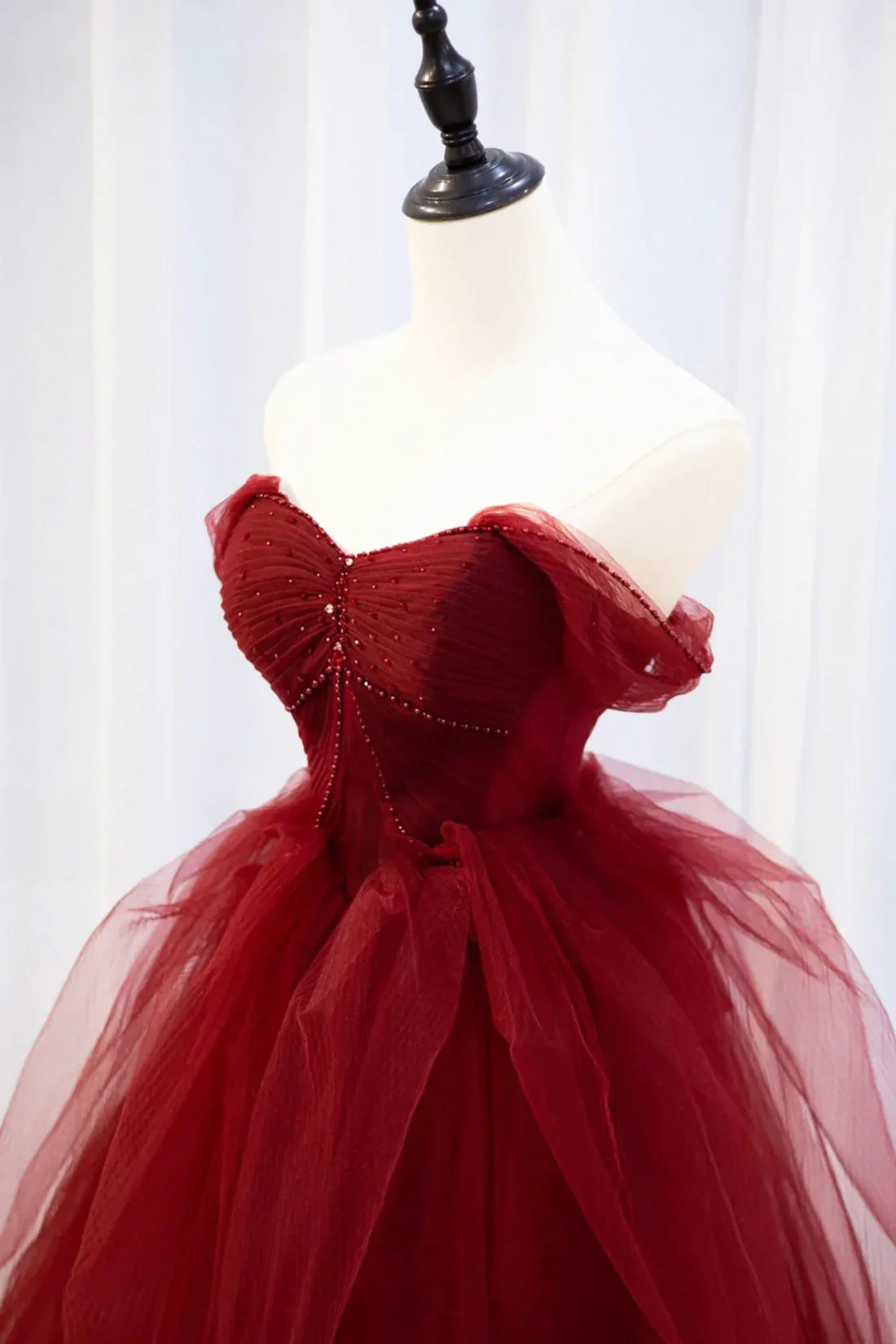 Beautiful Burgundy Off Shoulder Prom Dress A-Line Princess Tulle Floor Length Formal Dress