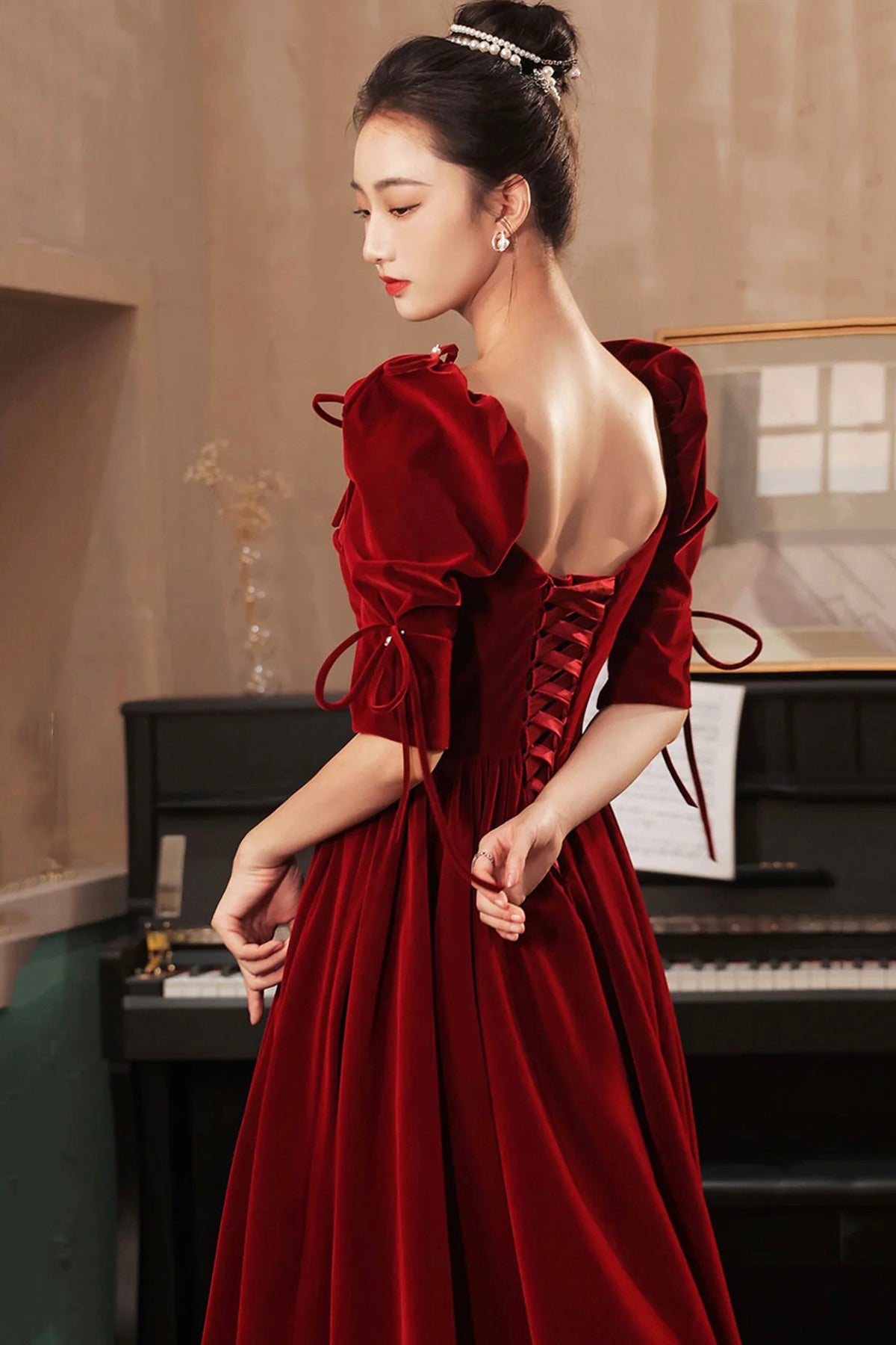 Wine Red Velvet Bodice Spaghetti Straps Corset Long Formal Evening Prom Dress 1/2 Sleeve Women Party Dress