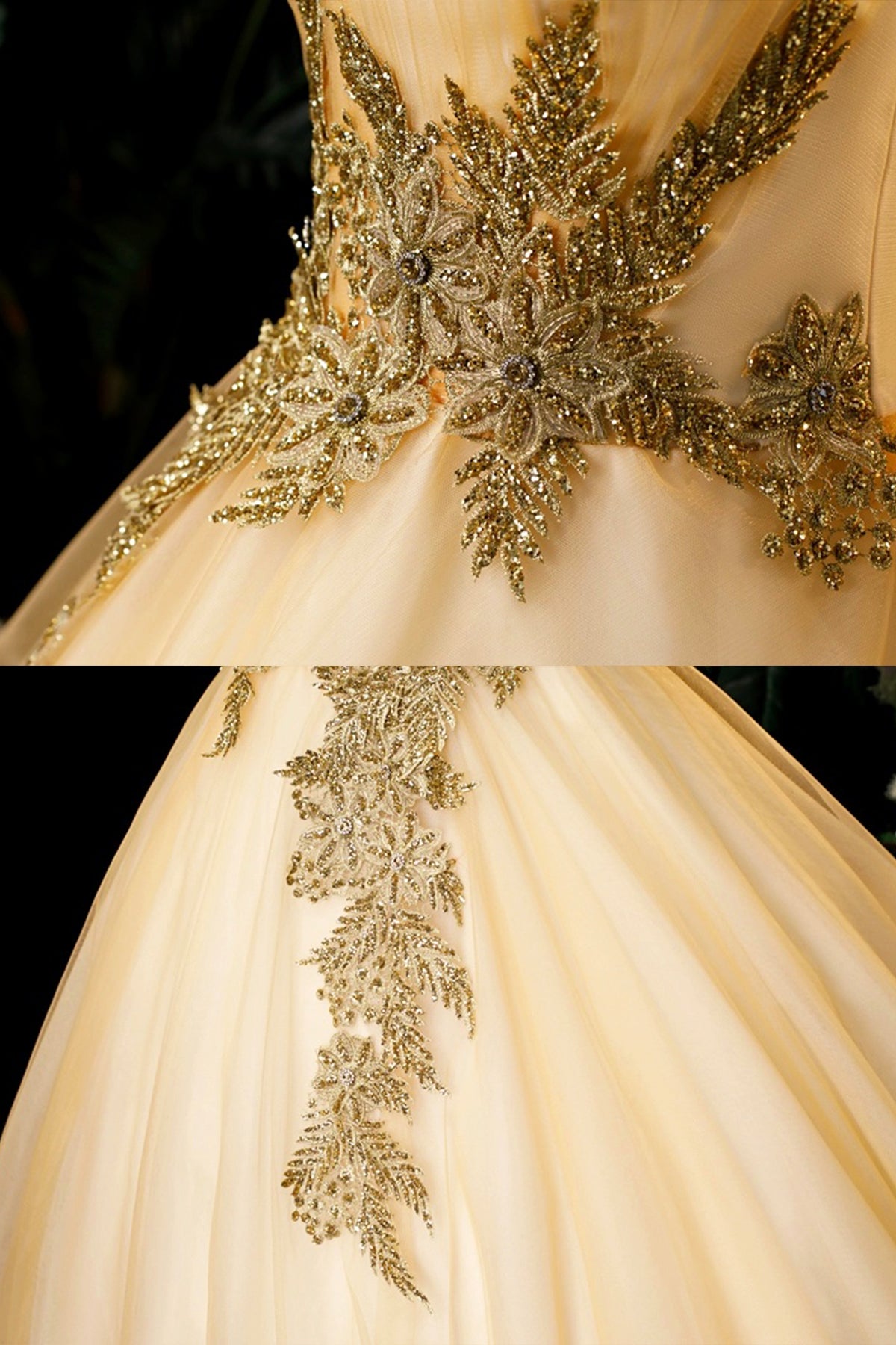 Luxury Gold Princess Formal Evening Dress A-Line Strapless Sweet 16 Birthday Party Gown