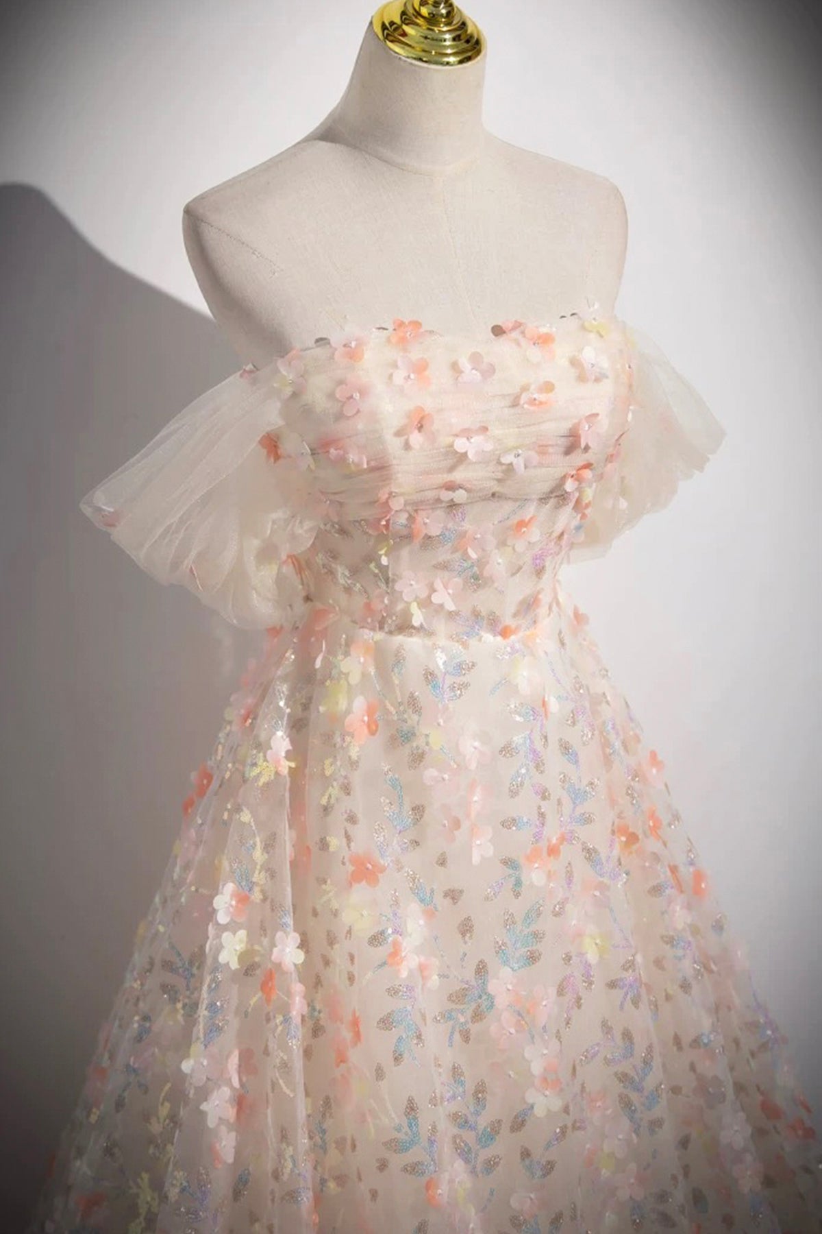 Princess Dress Flower Butterfly Sequins Pink Floor Length Prom Dress Off the Shoulder Fairy Formal Dress