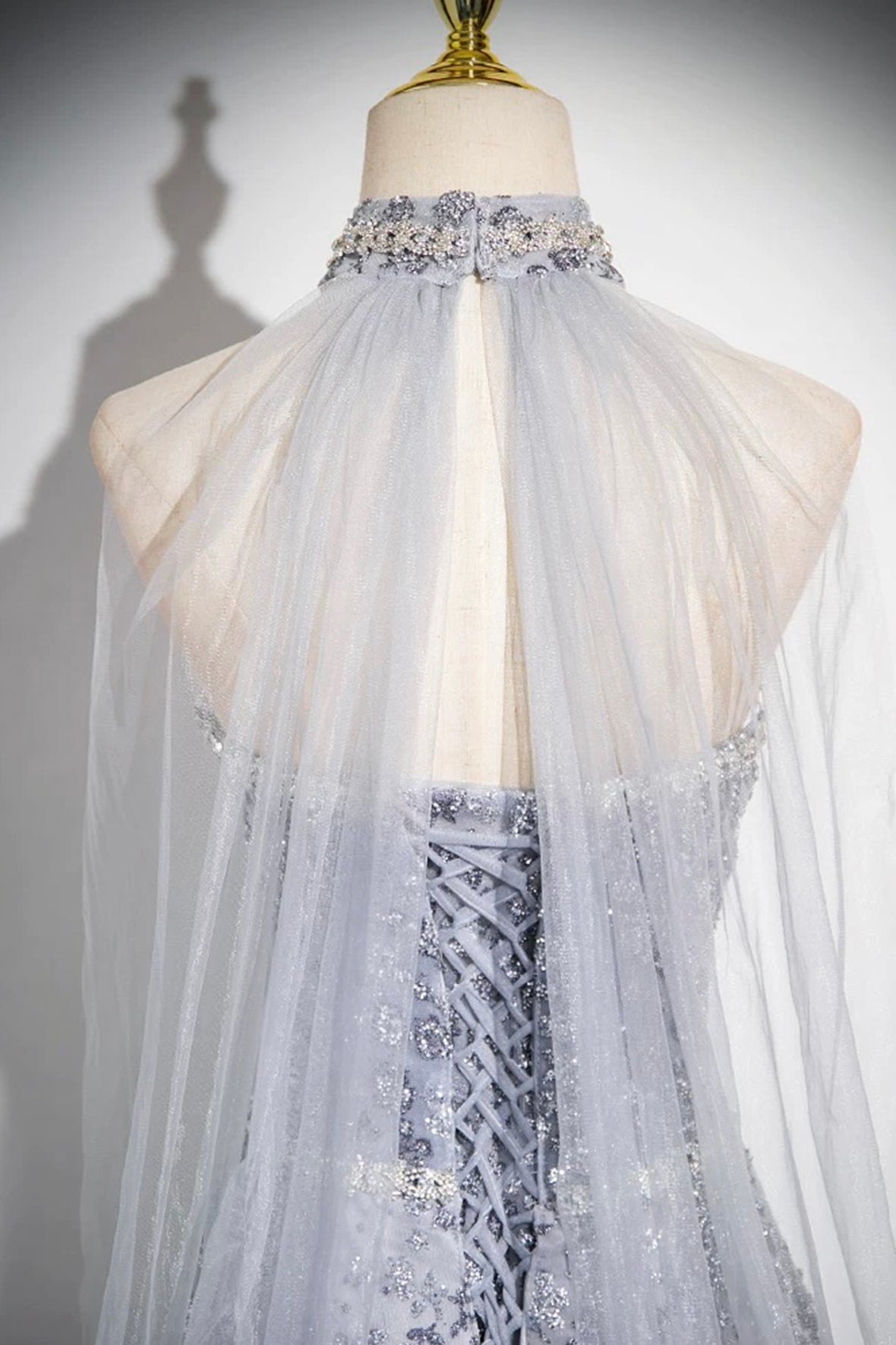 Evening Dress Elegant Grey Beading Sequins Prom Dress Floor Length Formal Dress with Cape