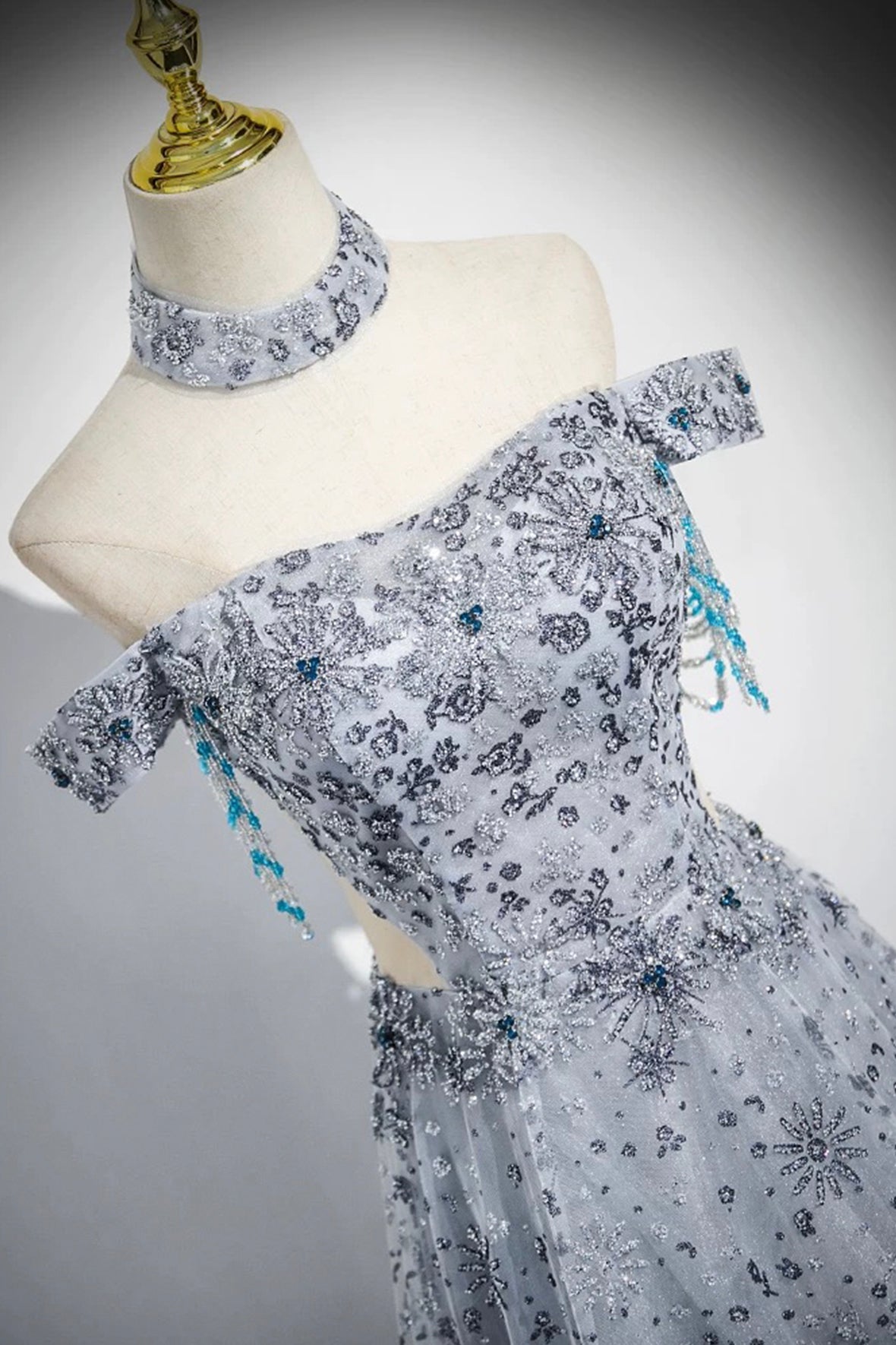 Off the Shoulder Sequins Evening Dress Grey A-Line Backless Special Occasion Dress