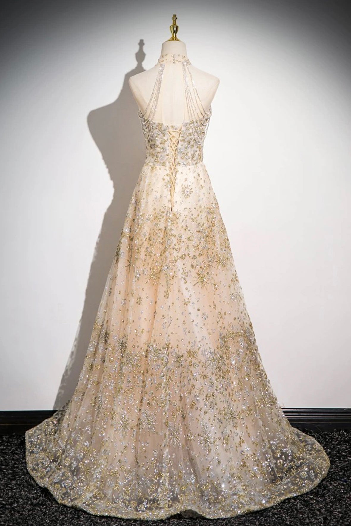 Champagne Sequins Party Dress A-Line Halter Neck Backless Formal Dress