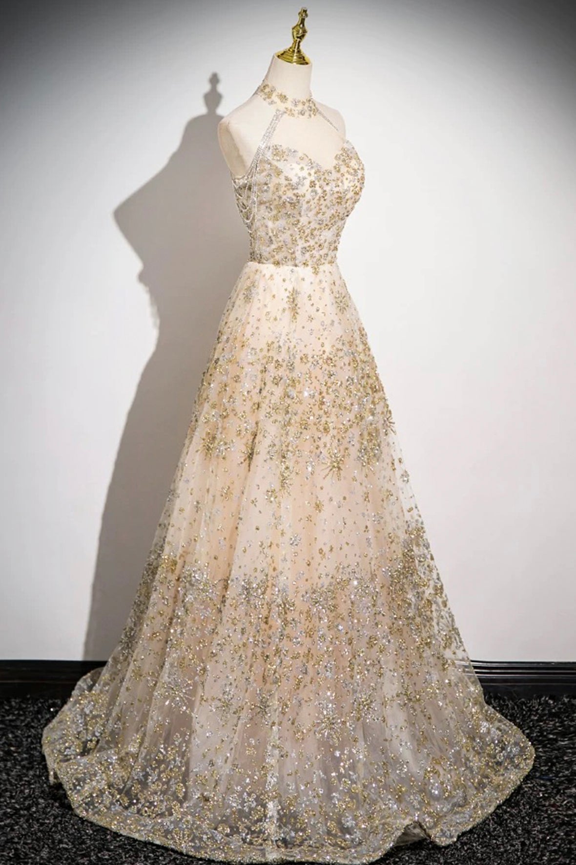Champagne Sequins Party Dress A-Line Halter Neck Backless Formal Dress