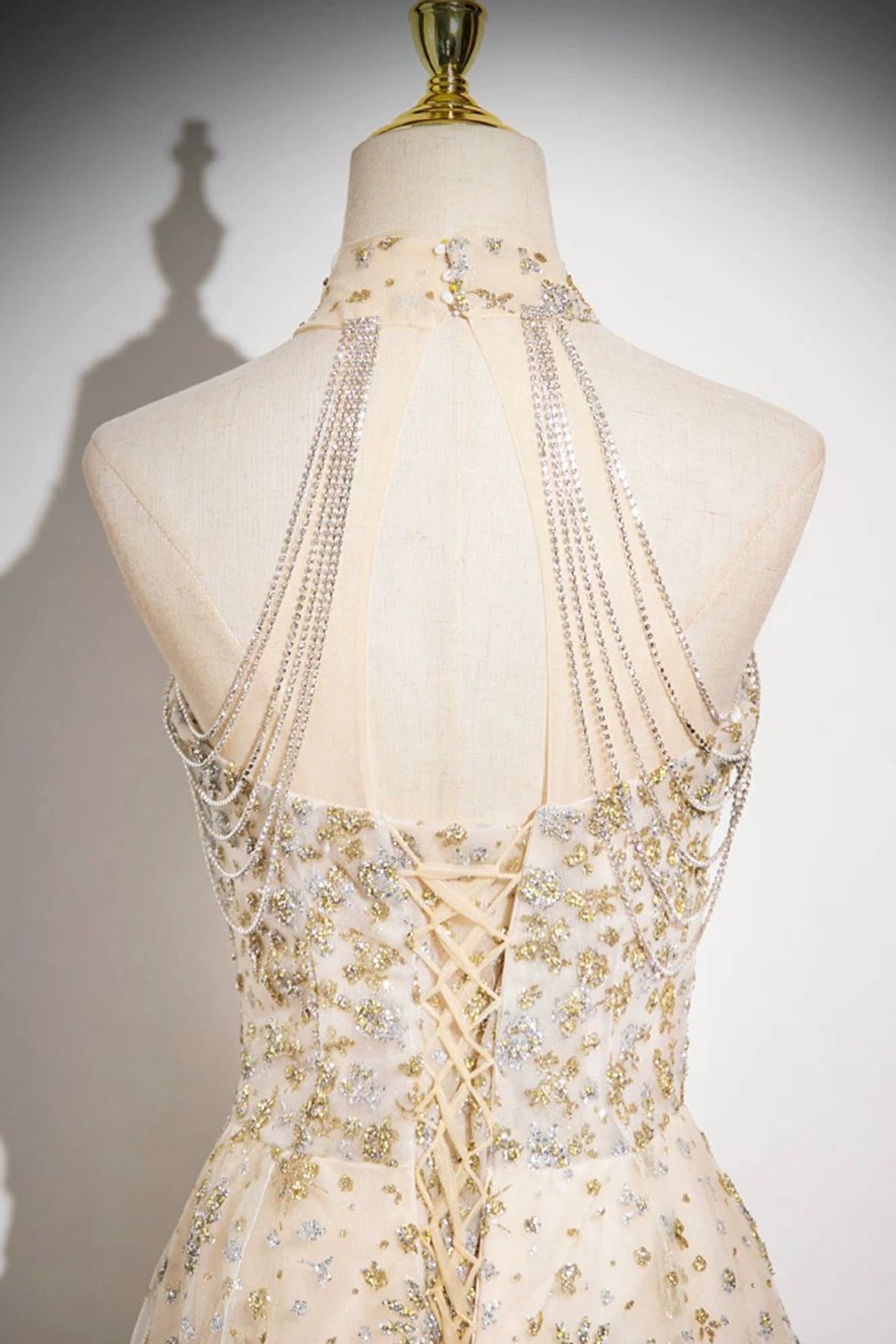 Champagne Sequins Party Dress A-Line Halter Neck Backless Formal Dress
