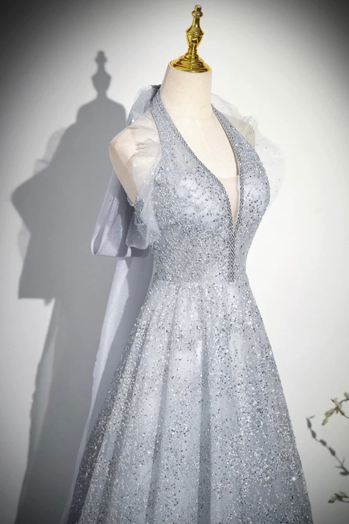 Sparkly Sequins V-Neck Silver Prom Dress A-Line Backless Floor-Length Formal Dress