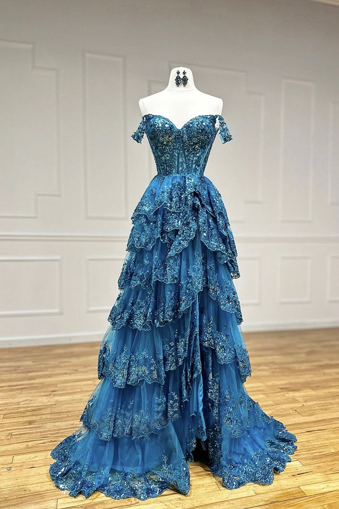Blue Corset Prom Gown Blue Sequins and Layered Tulle Formal Dress Off Shoulder Party Dress