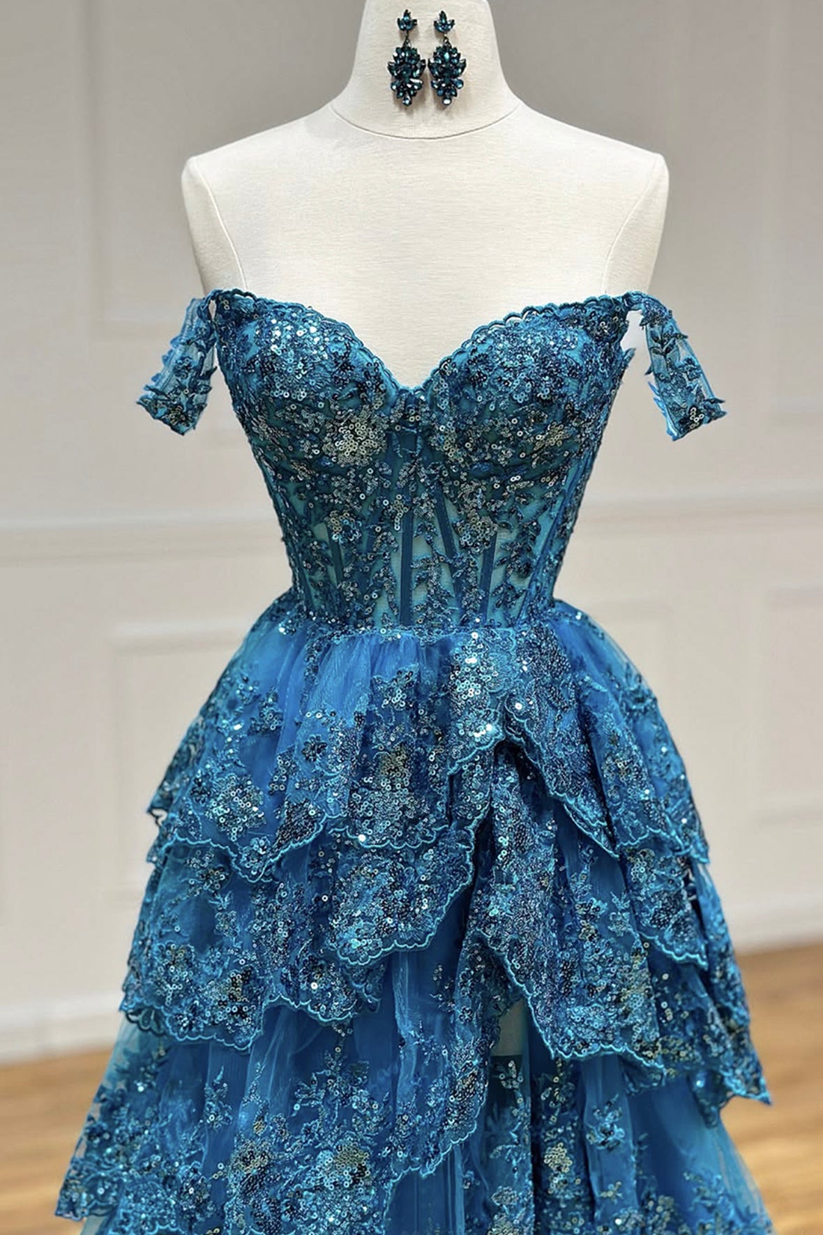 Blue Corset Prom Gown Blue Sequins and Layered Tulle Formal Dress Off Shoulder Party Dress