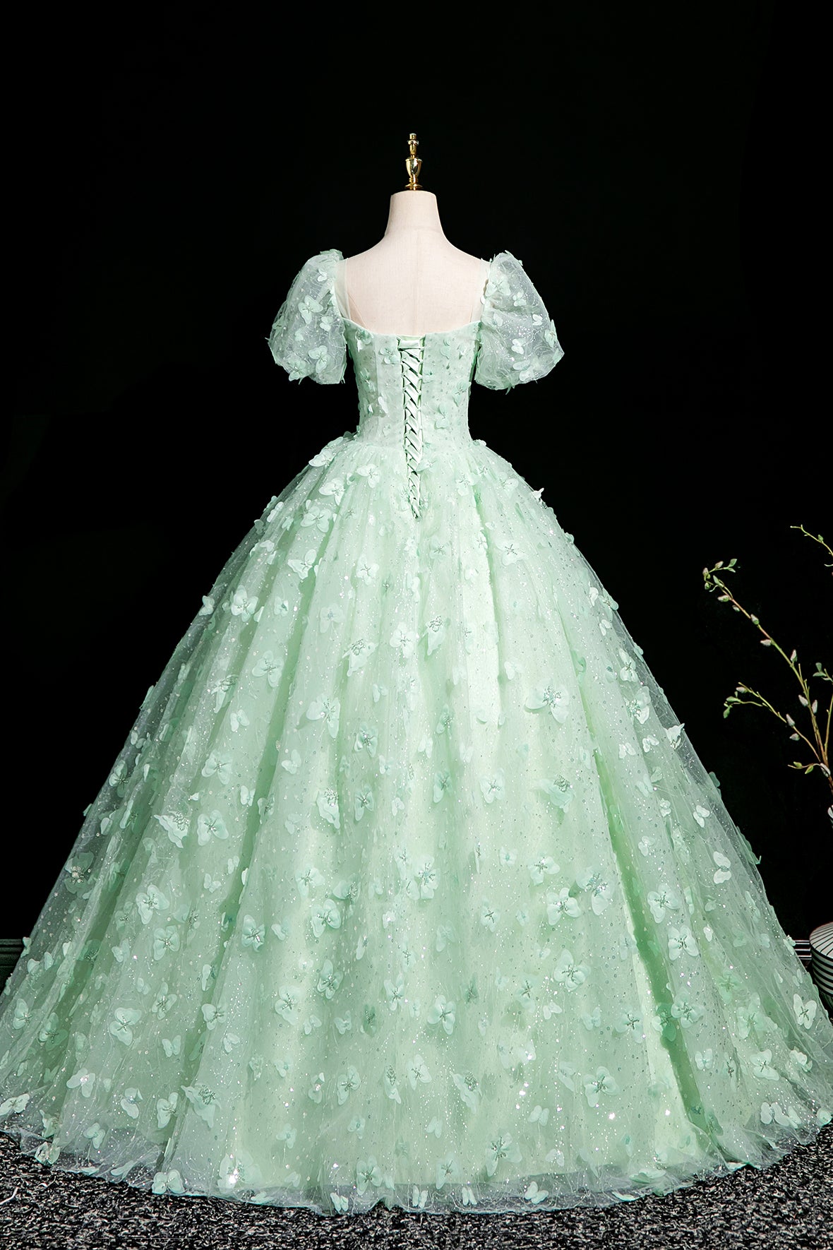 Gorgeous Short Sleeve Mint Green Long Sweet Prom Dresses with Butterfly Formal Evening Dresses