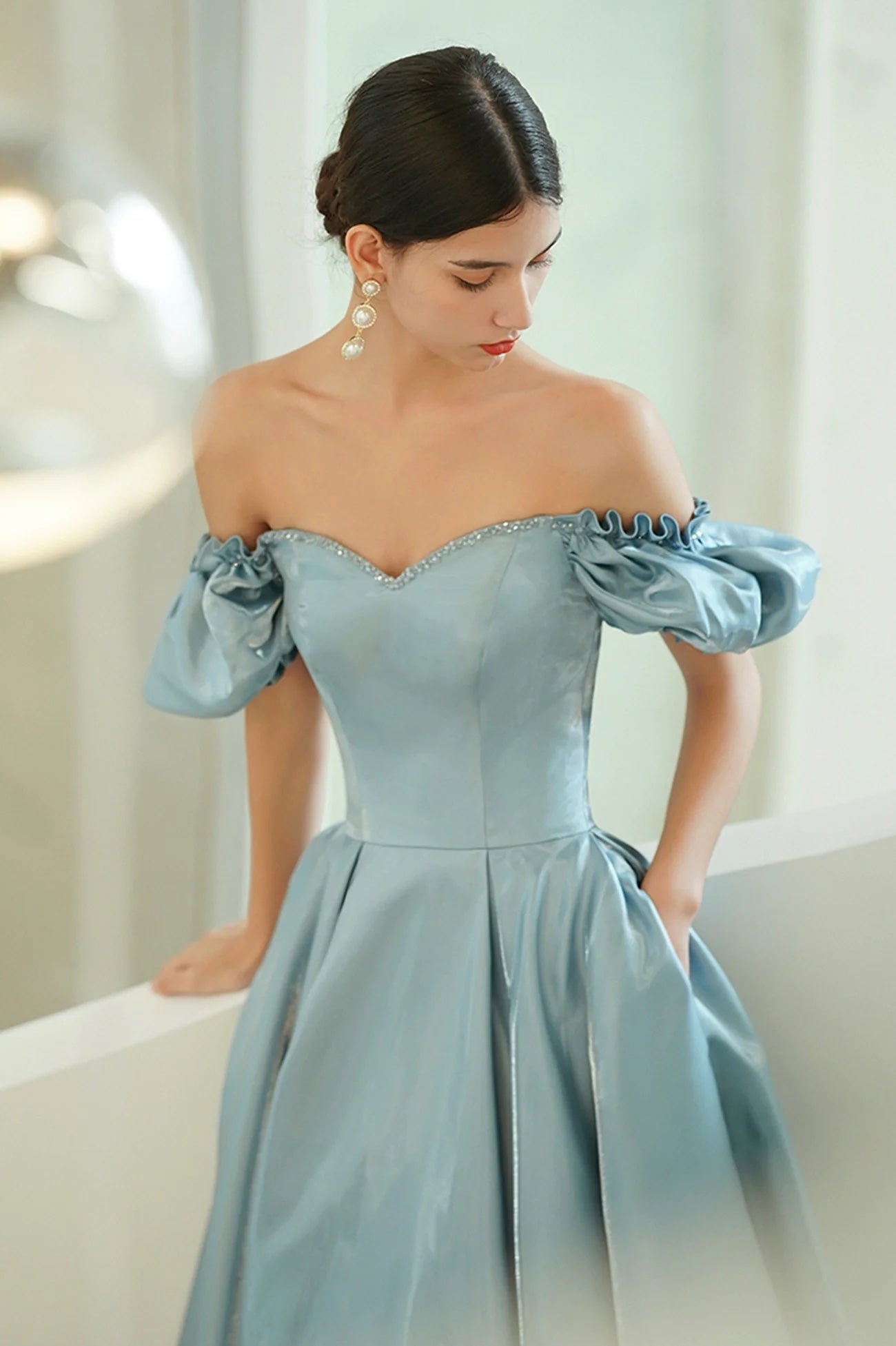 Blue Corset Evening Dress Burgundy Princess Formal Dress A-Line Satin Birthday Party Gown