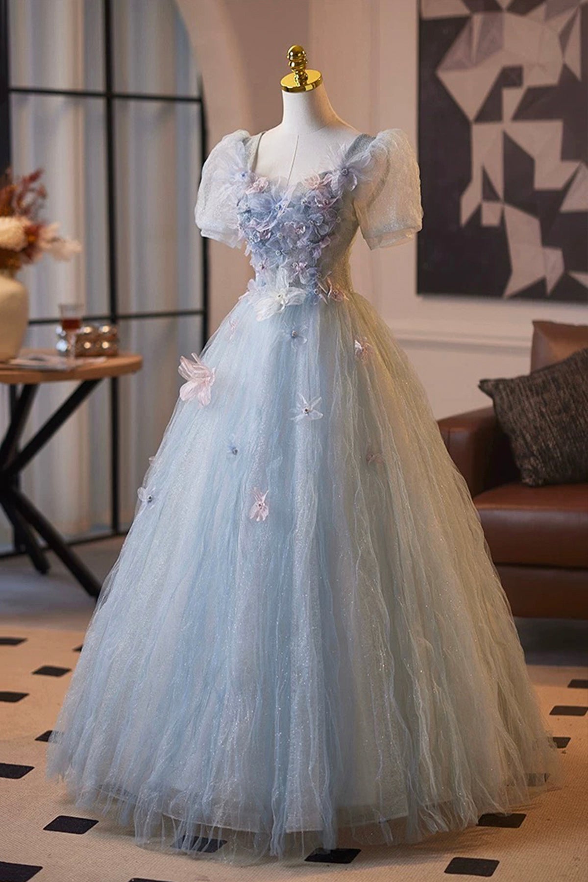 Blue Sparkly Tulle Princess Prom Dress Short Sleeve 3D Flowers Women's Party Dress
